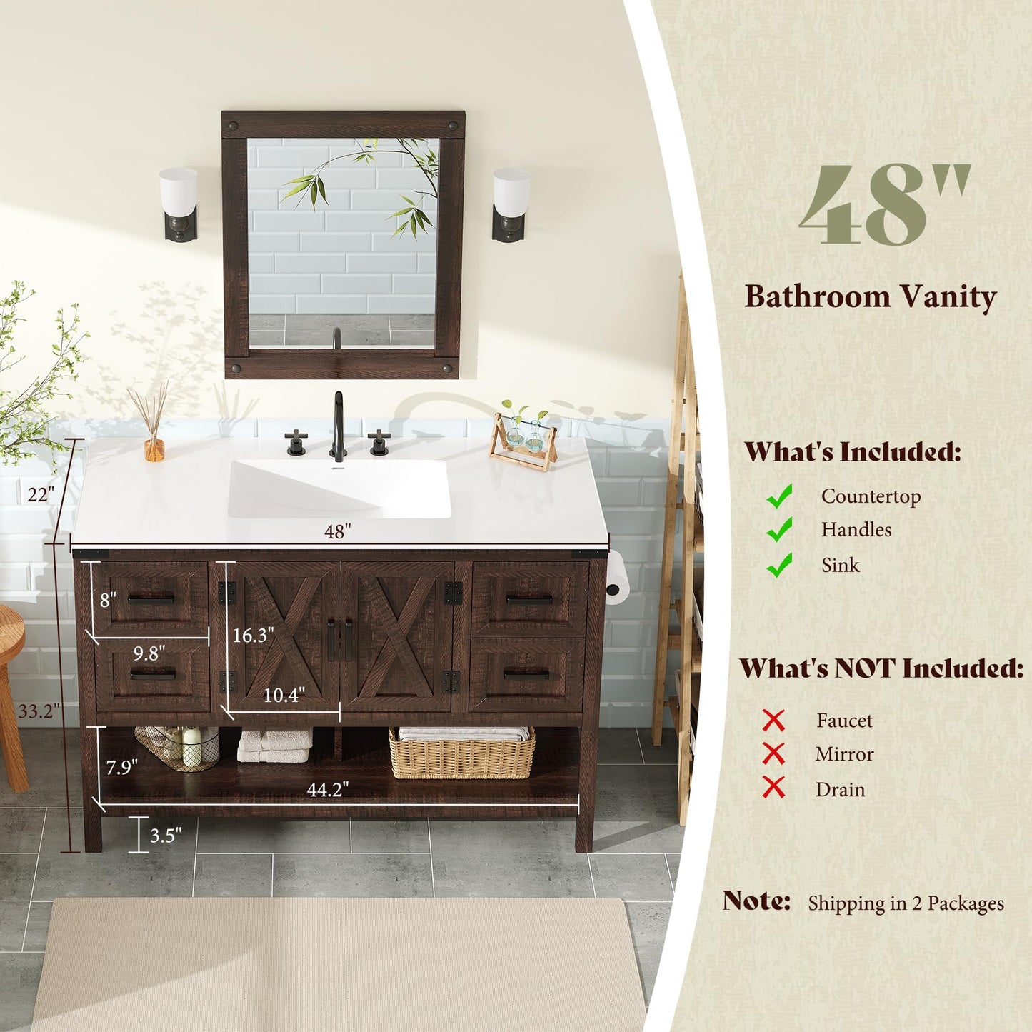 Farmhouse Vanity with Integrated Sink Amerlife Rustic Brown 48“