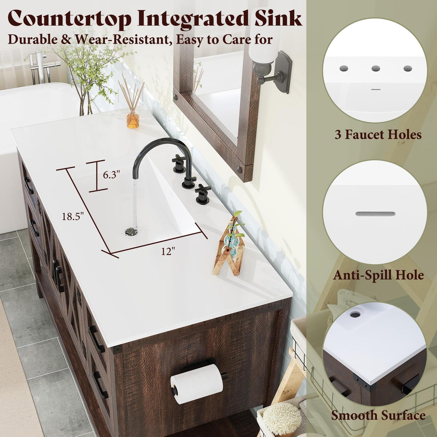 Farmhouse Vanity with Integrated Sink Amerlife Rustic Brown 48“