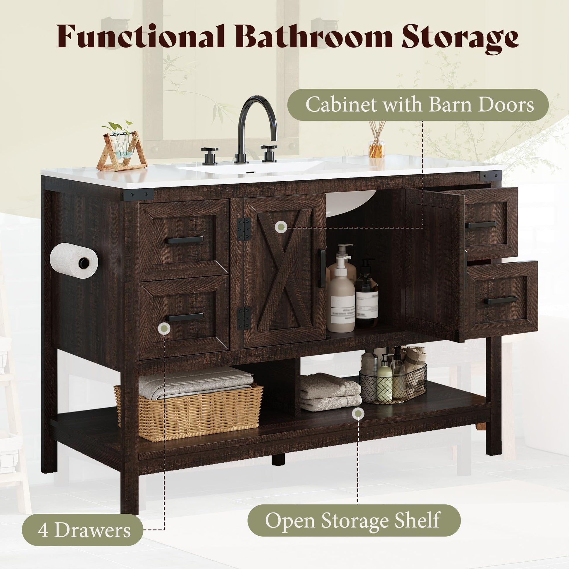 Farmhouse Vanity with Integrated Sink Amerlife Rustic Brown 48“