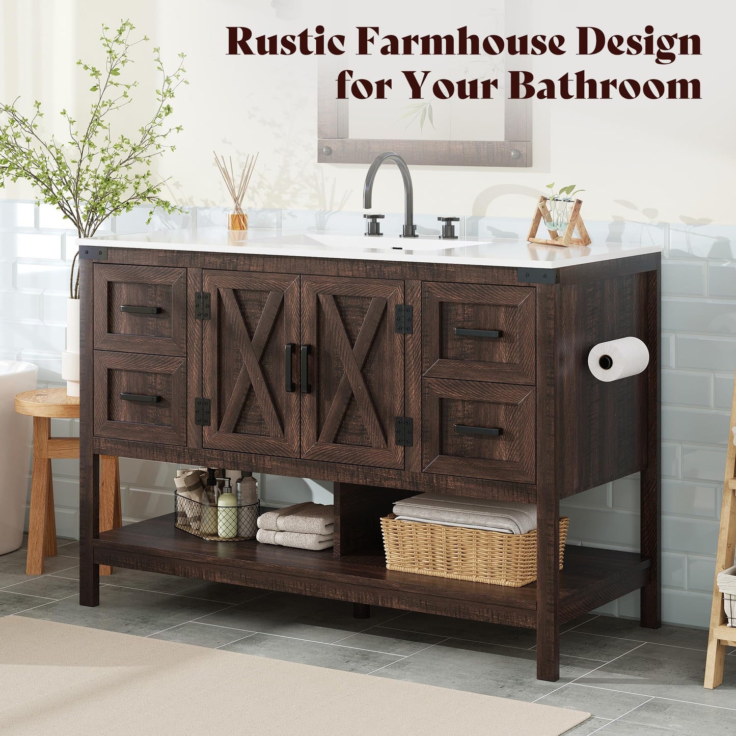 Farmhouse Vanity with Integrated Sink Amerlife Rustic Brown 48“