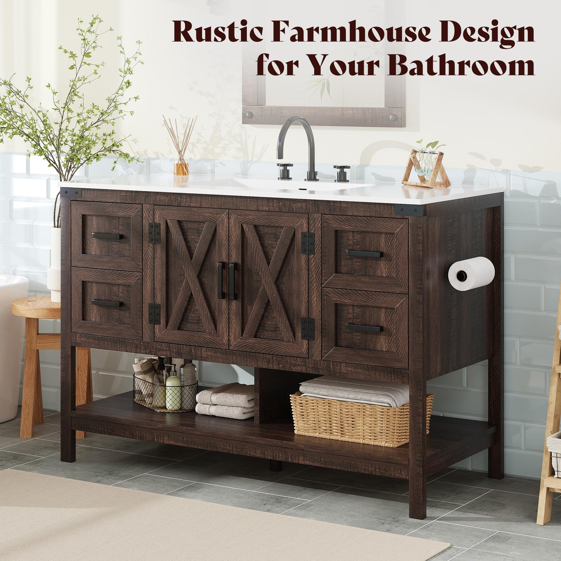 Farmhouse Vanity with Integrated Sink Amerlife Rustic Brown 48“
