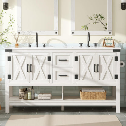 Farmhouse Vanity with Integrated Sink Amerlife Antique White 60”