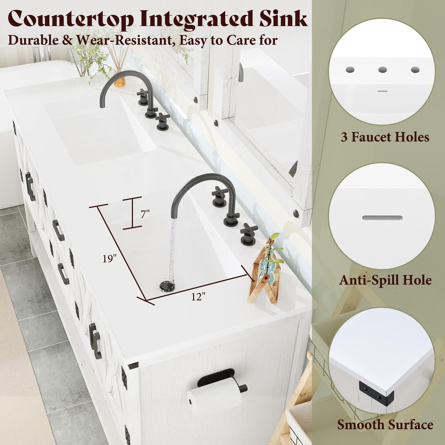Farmhouse Vanity with Integrated Sink Amerlife Antique White 60”