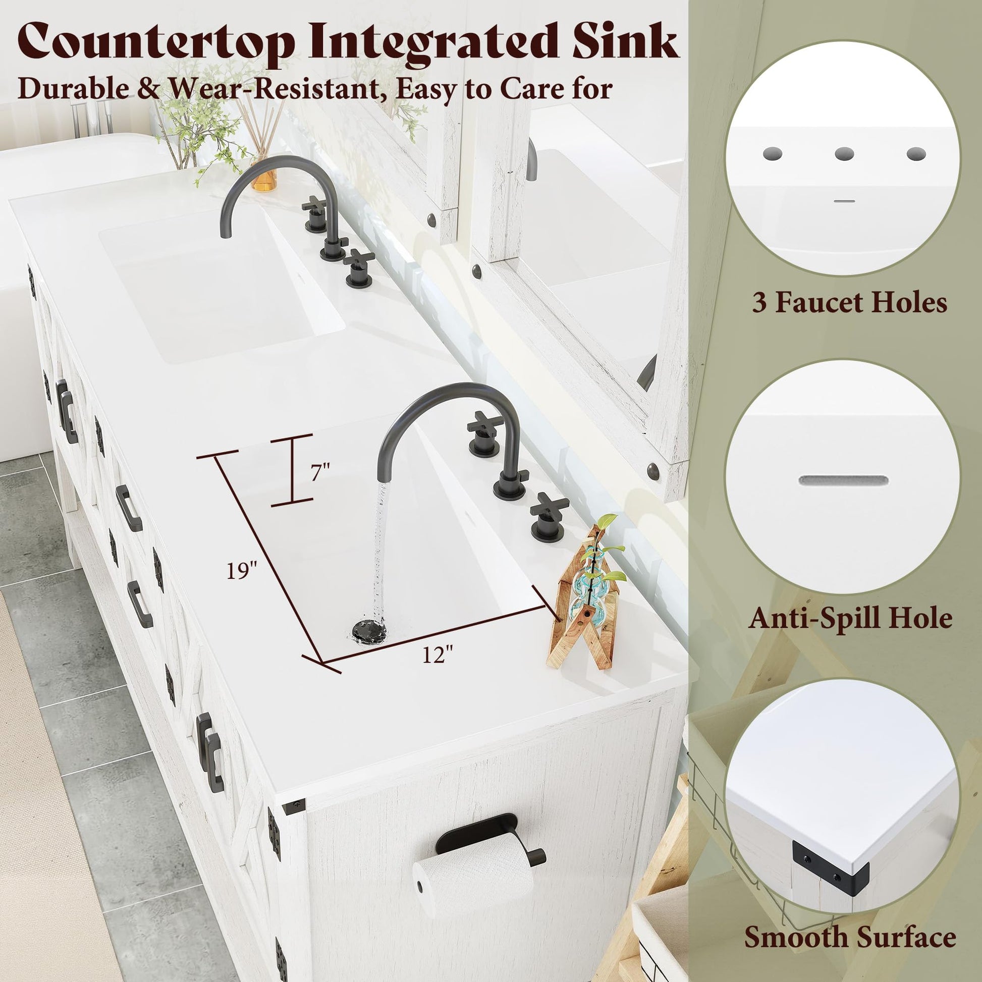 Farmhouse Vanity with Integrated Sink Amerlife Antique White 60”