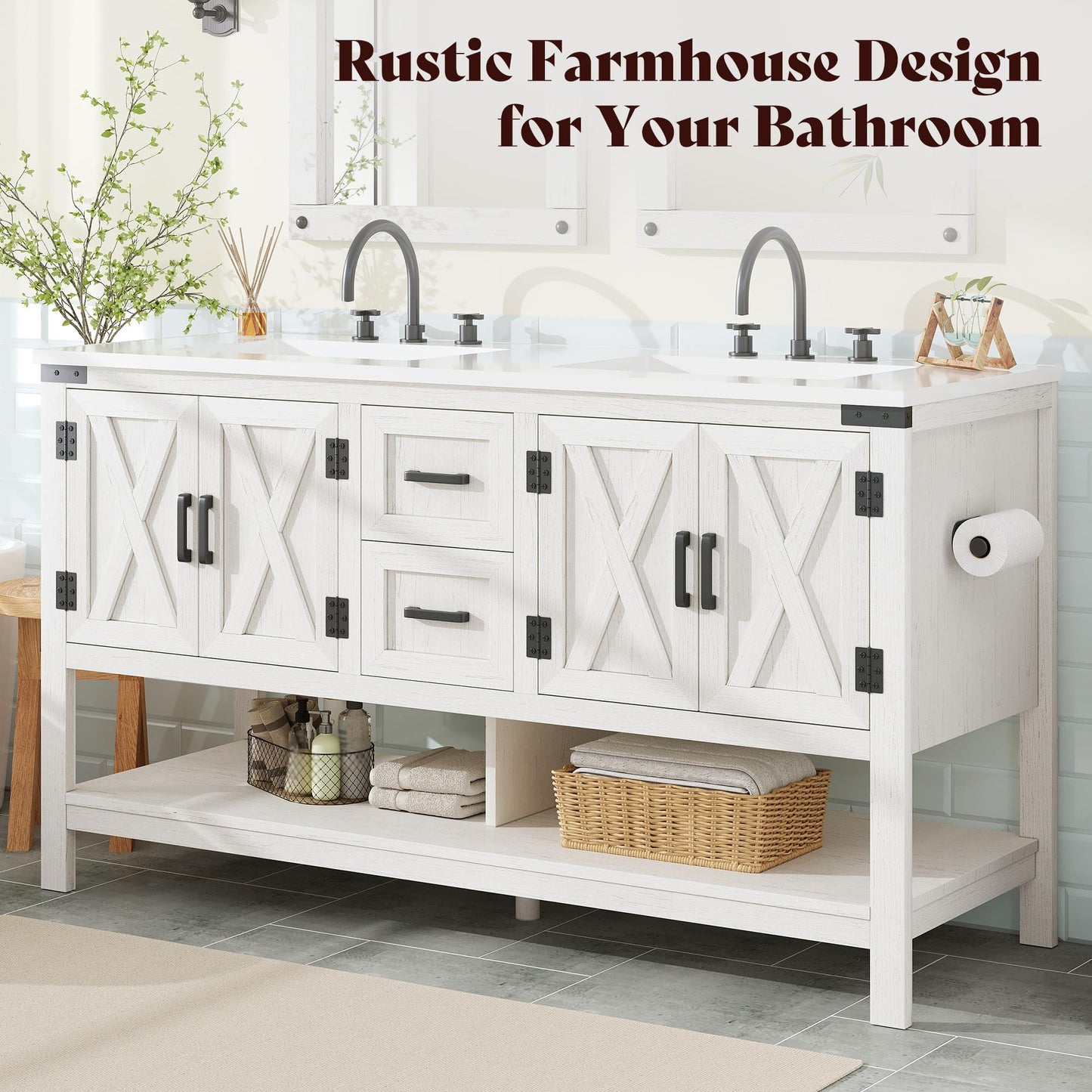 Farmhouse Vanity with Integrated Sink Amerlife Antique White 60”