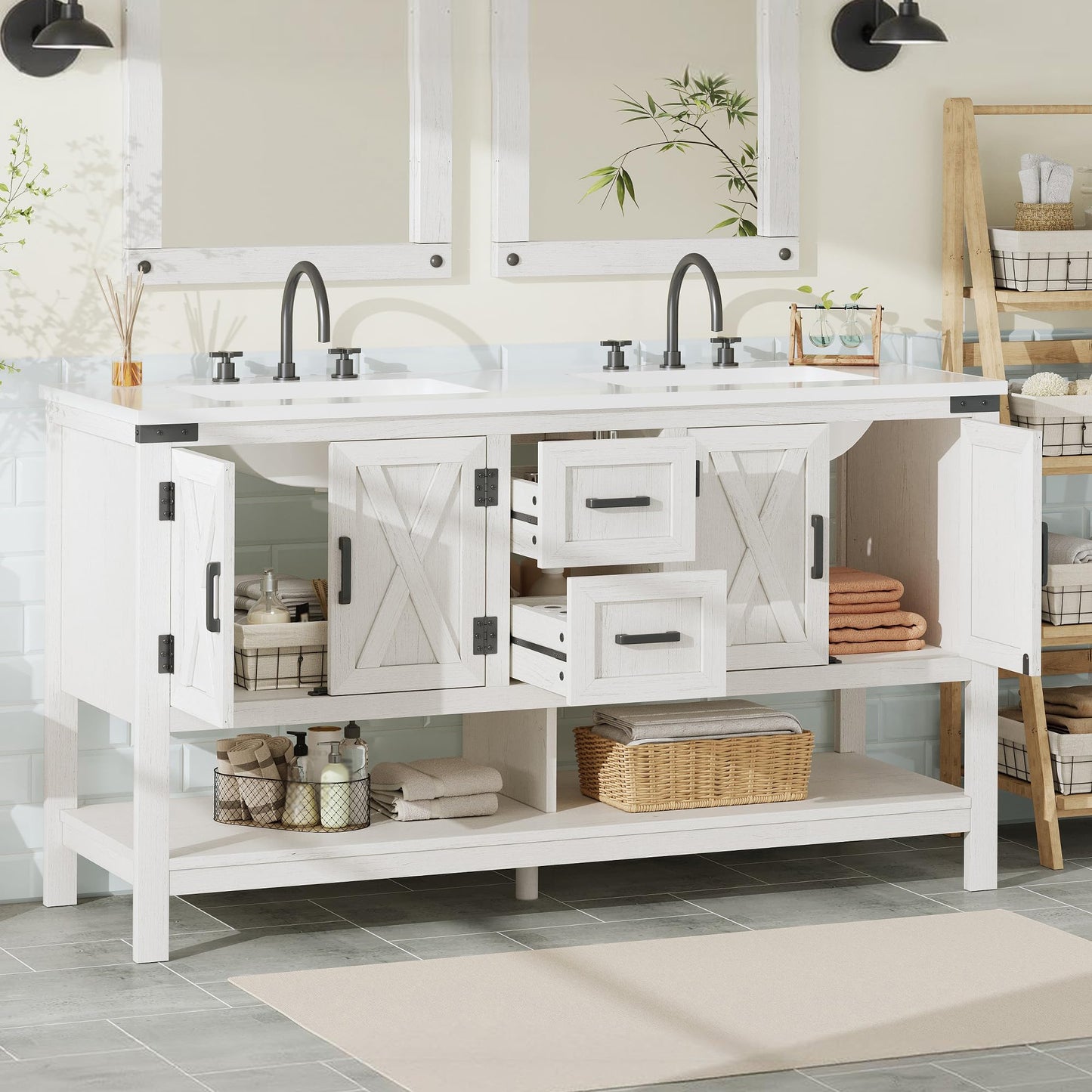 Farmhouse Vanity with Integrated Sink Amerlife Antique White 60”