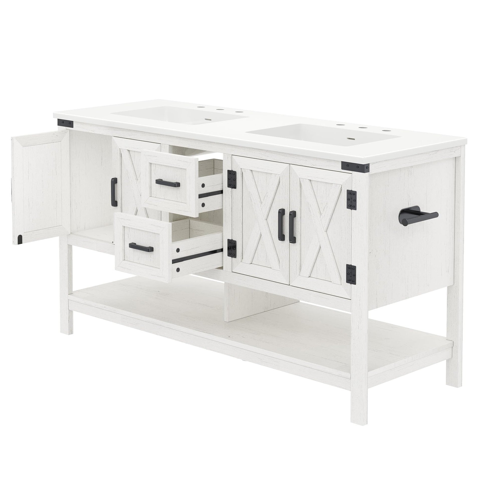 Farmhouse Vanity with Integrated Sink Amerlife Antique White 60”