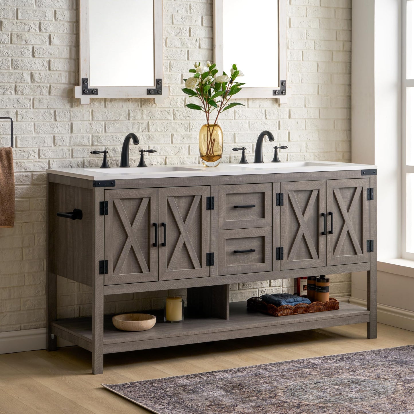 Farmhouse Vanity with Integrated Sink Amerlife Light Grey 60”