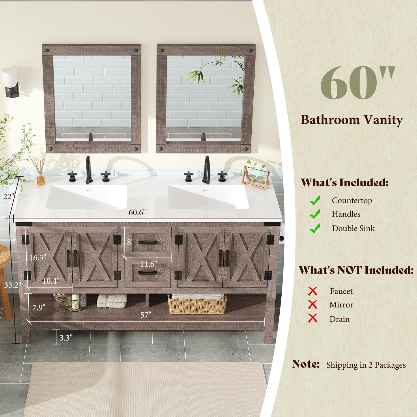 Farmhouse Vanity with Integrated Sink Amerlife Light Grey 60”