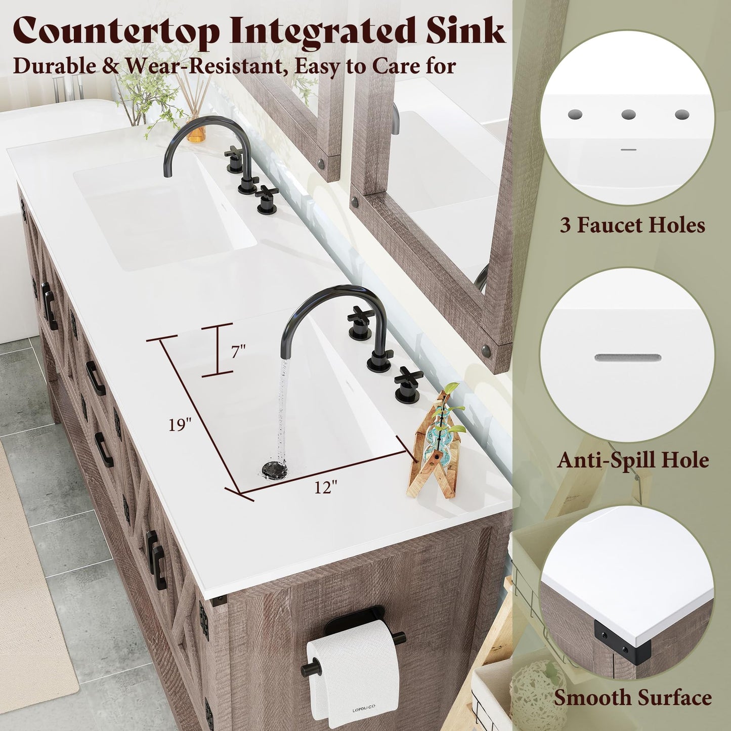 Farmhouse Vanity with Integrated Sink Amerlife Light Grey 60”
