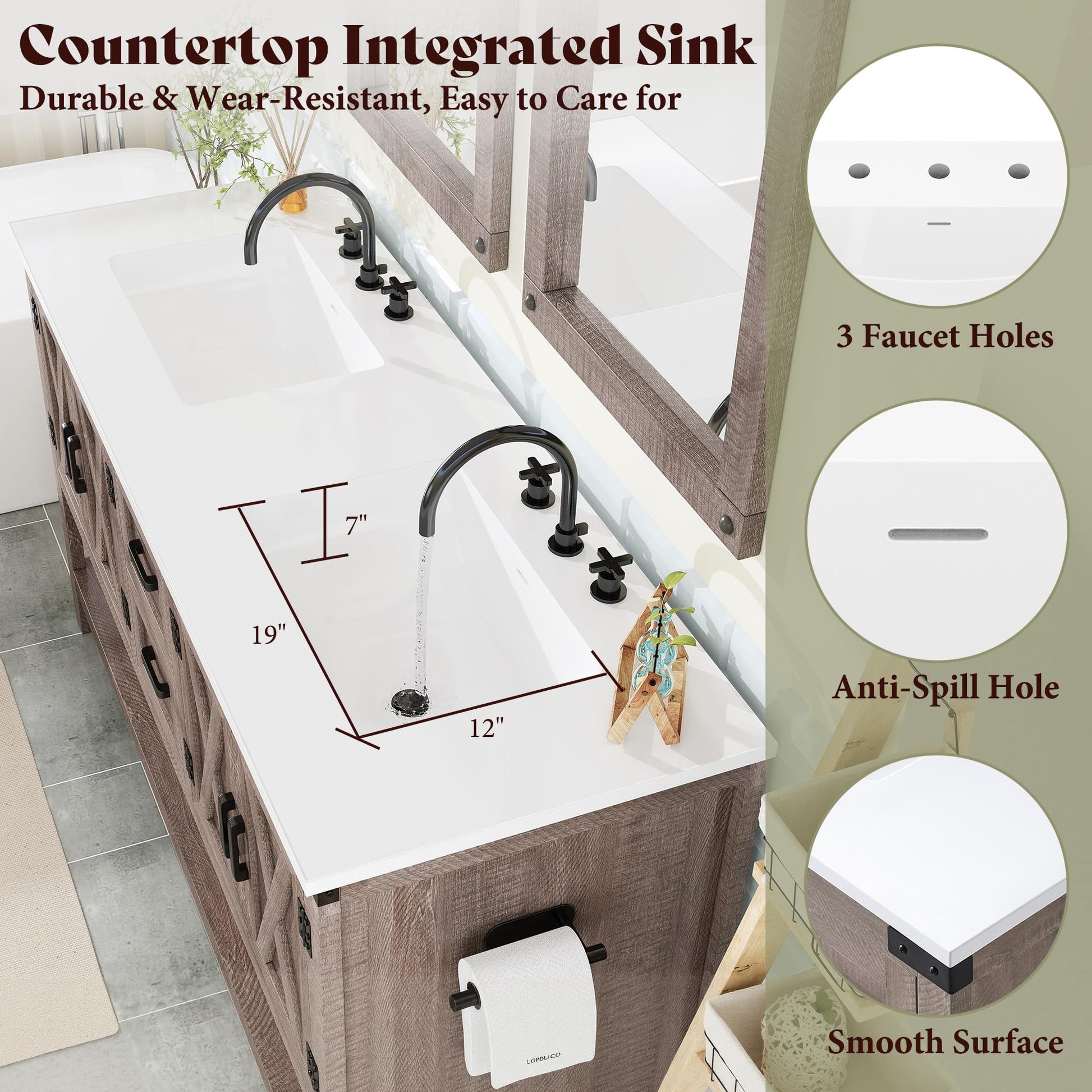 Farmhouse Vanity with Integrated Sink Amerlife Light Grey 60”