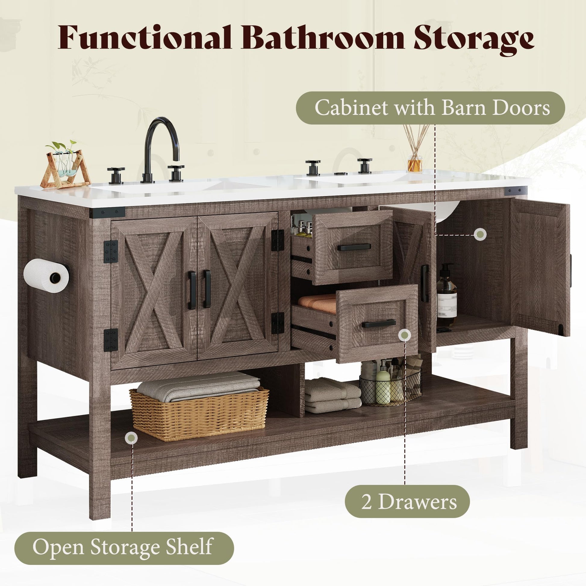 Farmhouse Vanity with Integrated Sink Amerlife Light Grey 60”
