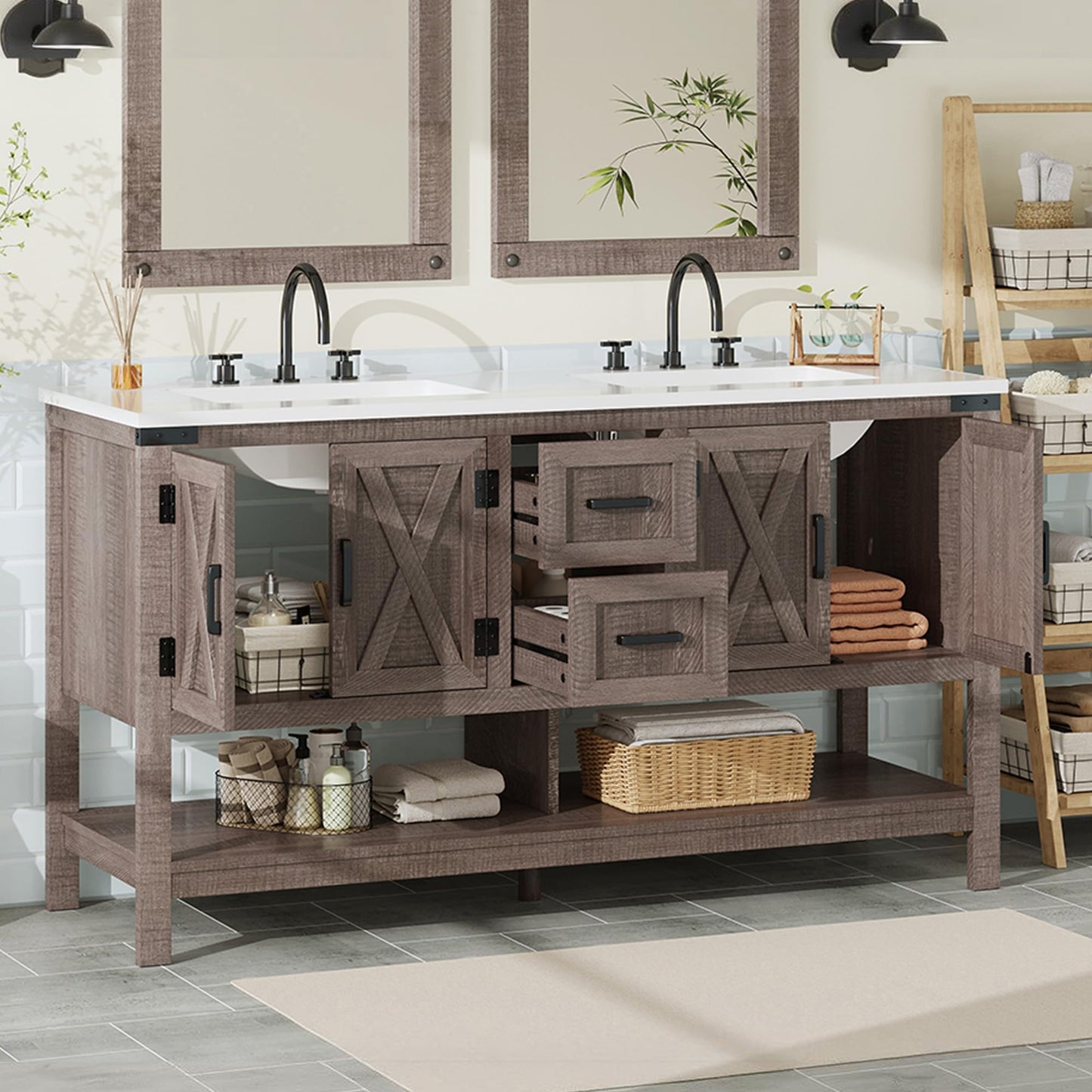 Farmhouse Vanity with Integrated Sink Amerlife Light Grey 60”