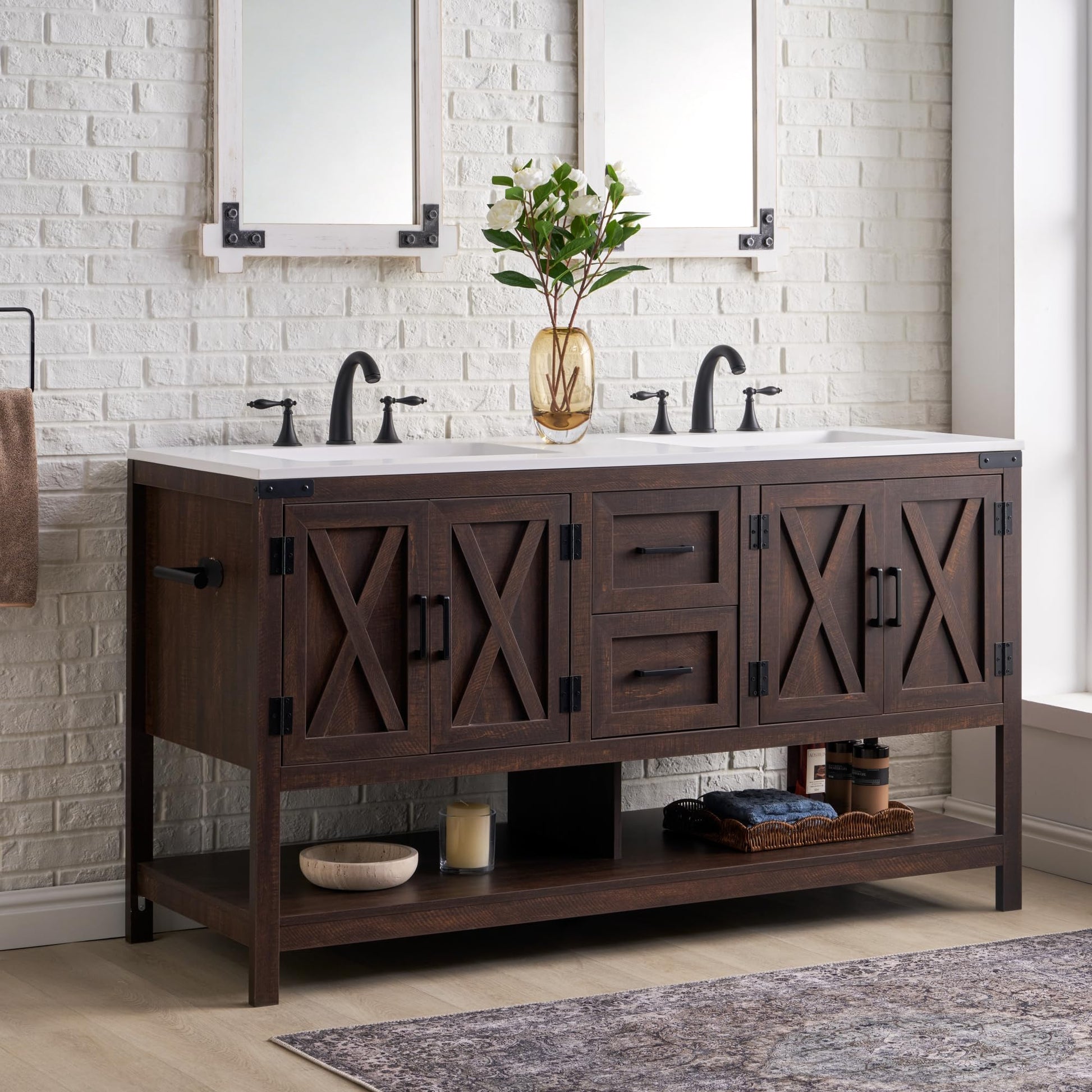 Farmhouse Vanity with Integrated Sink Amerlife Rustic Brown 60”