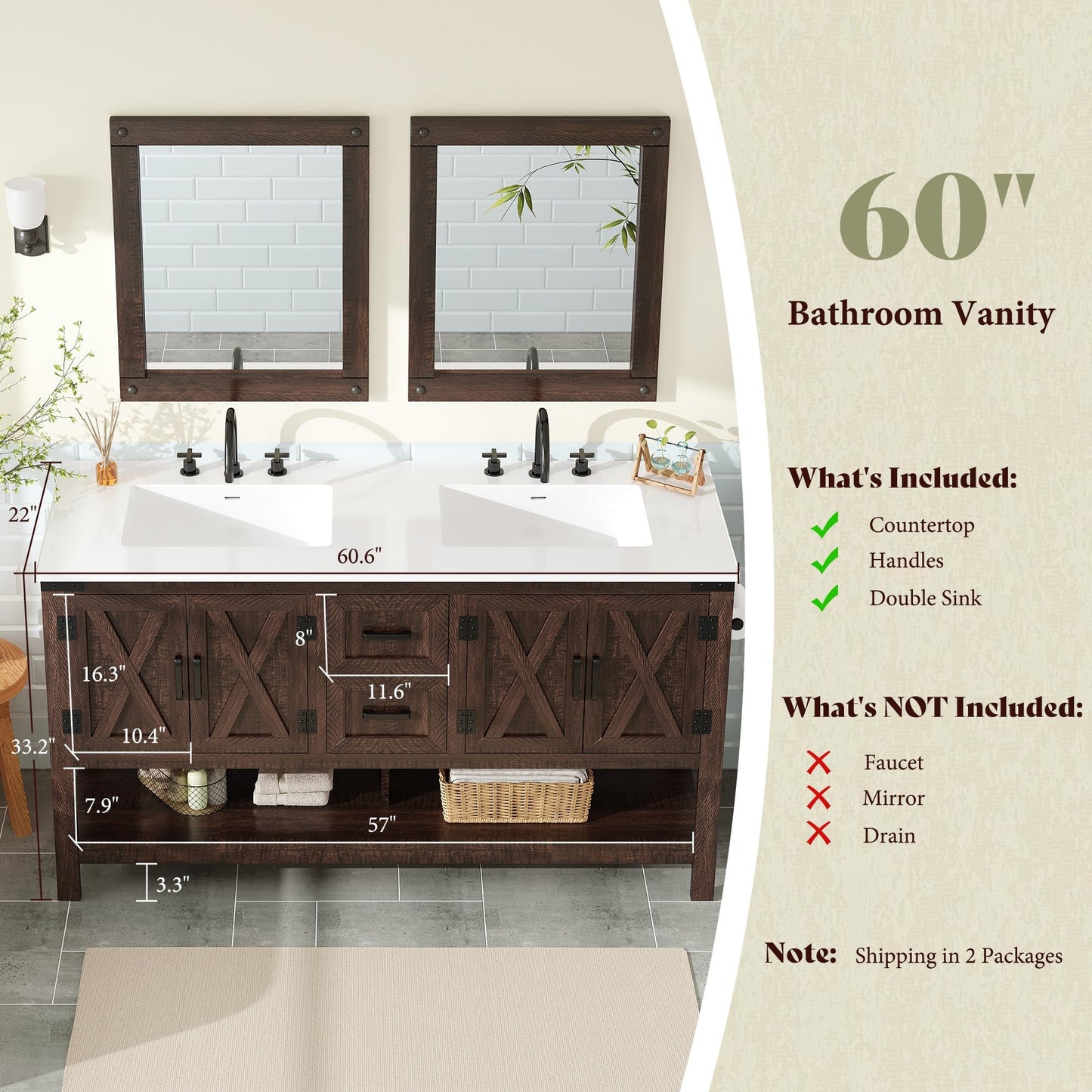 Farmhouse Vanity with Integrated Sink Amerlife Rustic Brown 60”