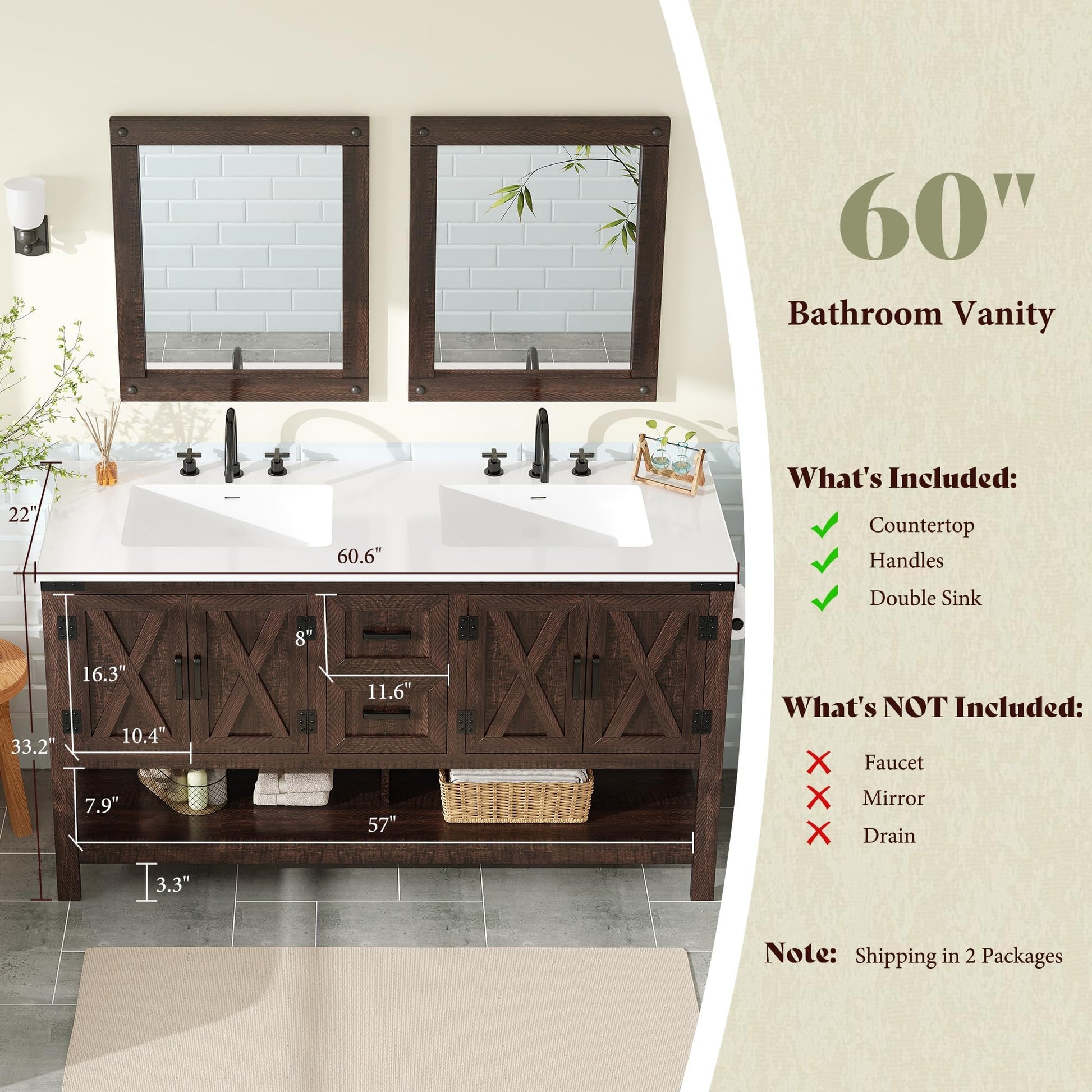 Farmhouse Vanity with Integrated Sink Amerlife Rustic Brown 60”