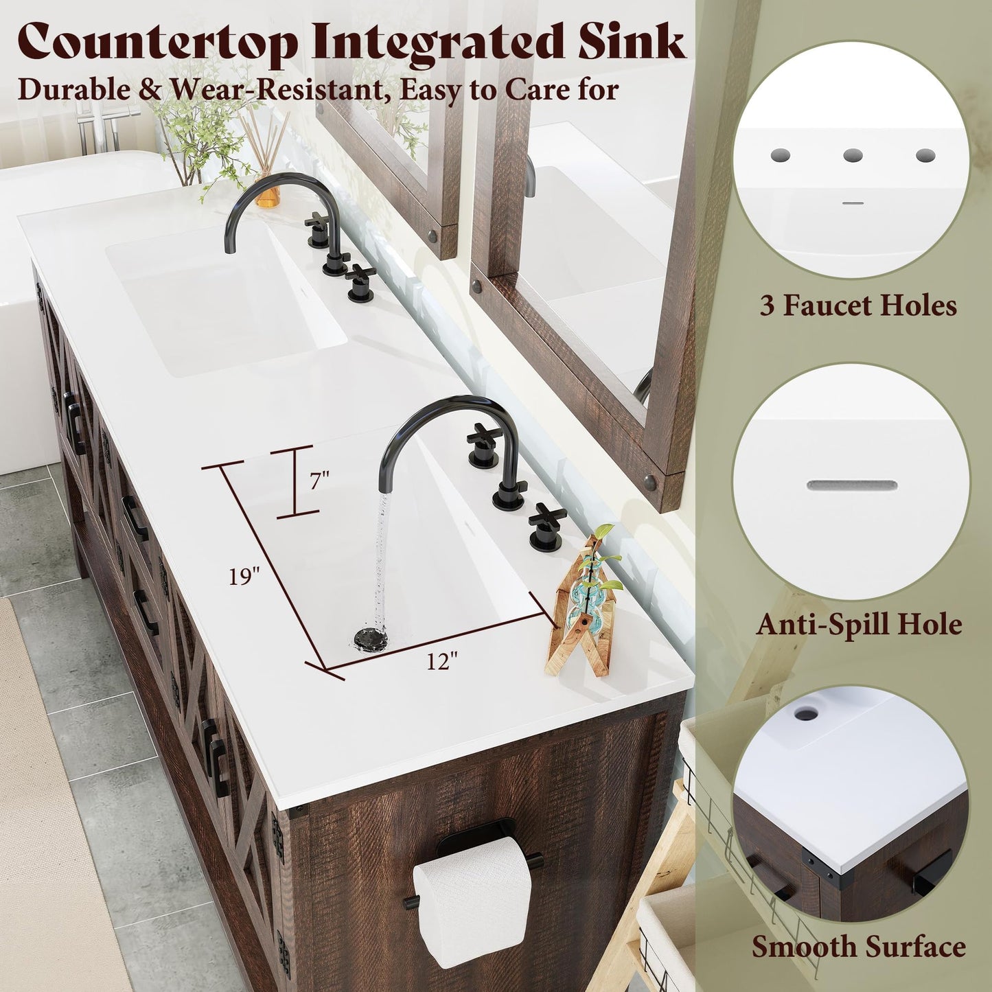 Farmhouse Vanity with Integrated Sink Amerlife Rustic Brown 60”