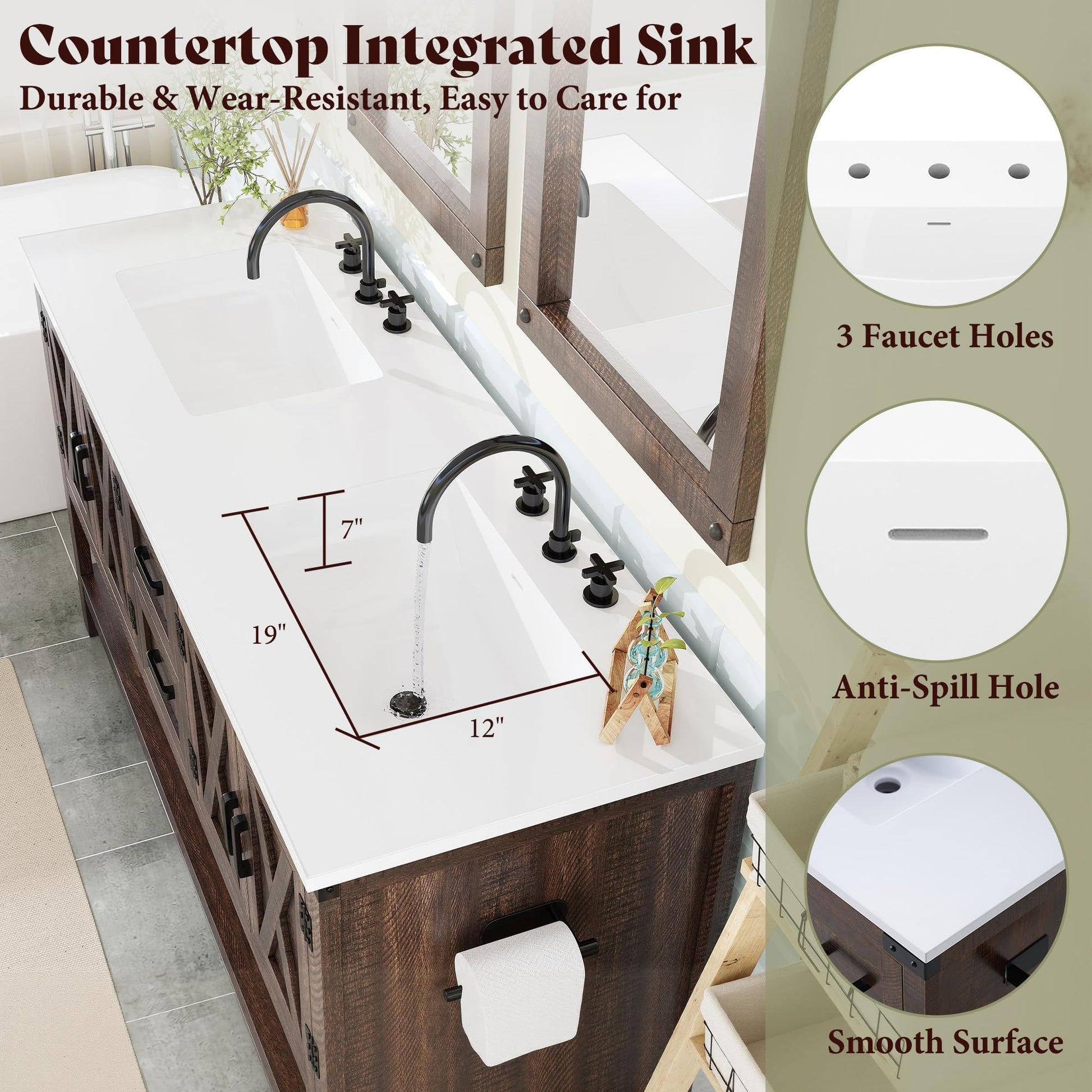 Farmhouse Vanity with Integrated Sink Amerlife Rustic Brown 60”