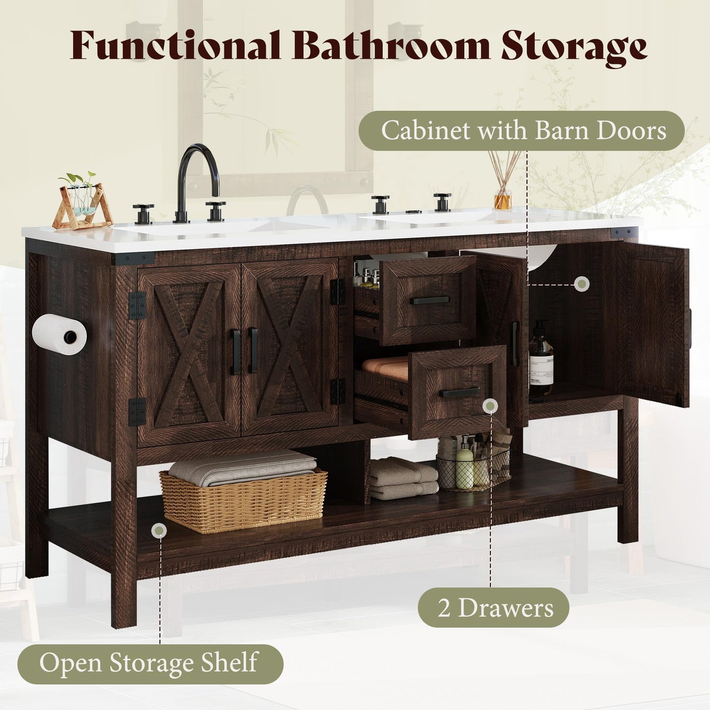 Farmhouse Vanity with Integrated Sink Amerlife Rustic Brown 60”