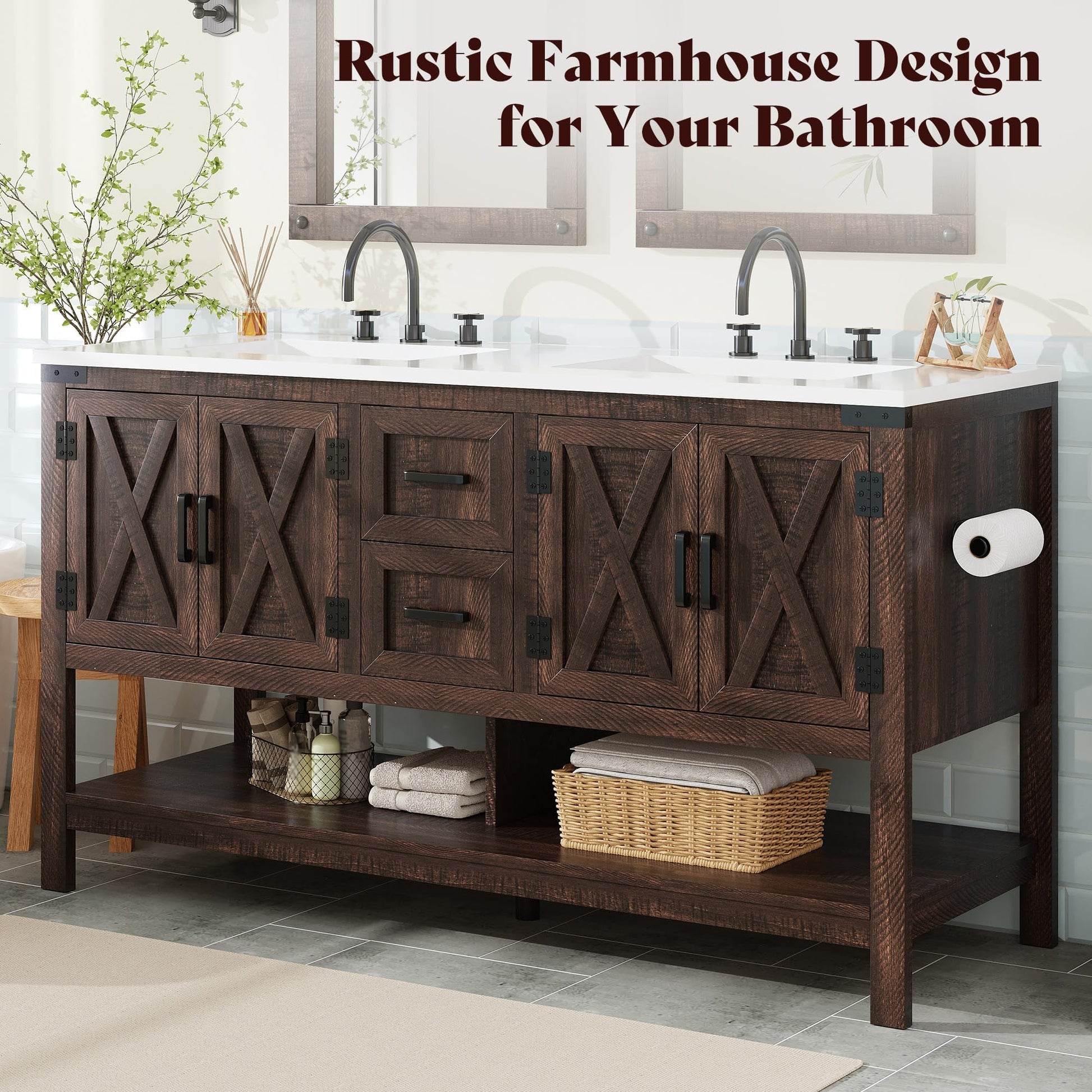 Farmhouse Vanity with Integrated Sink Amerlife Rustic Brown 60”