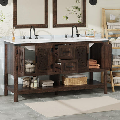 Farmhouse Vanity with Integrated Sink Amerlife Rustic Brown 60”
