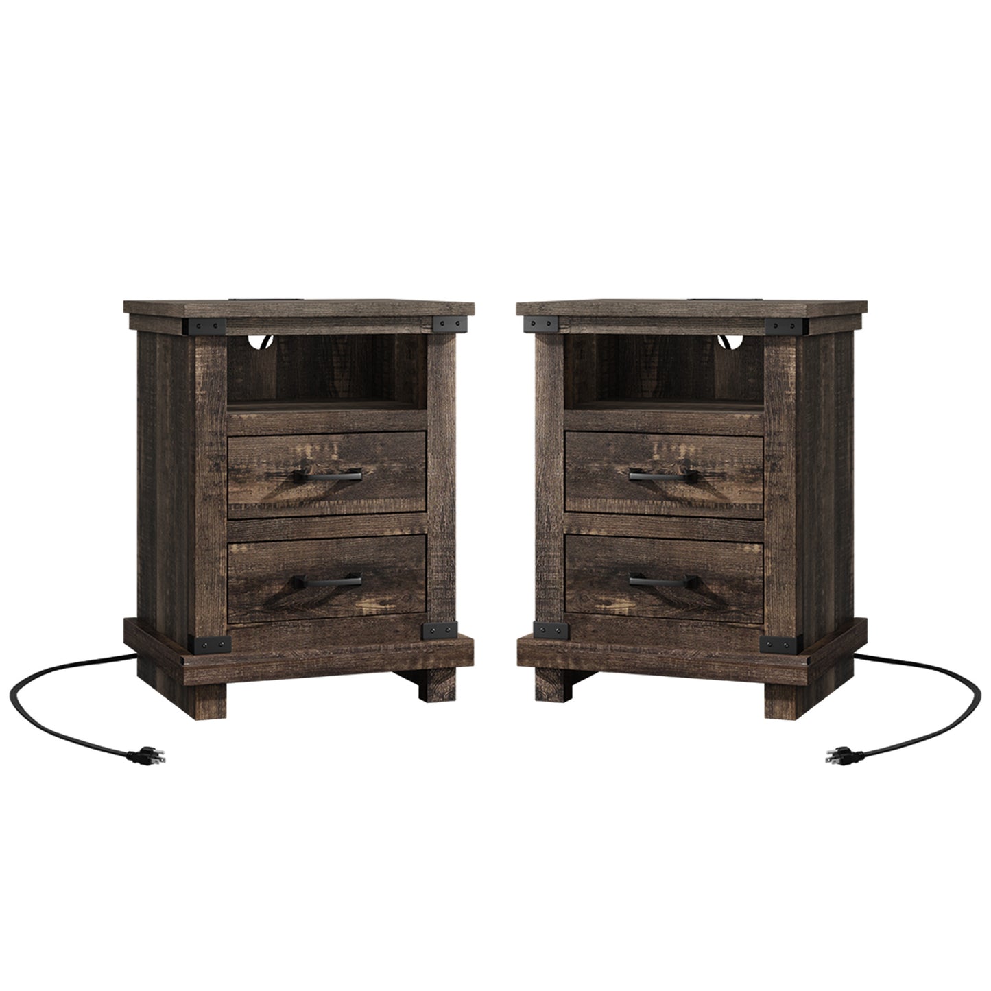 Lume Farmhouse Charging Nightstand Set Black Oak