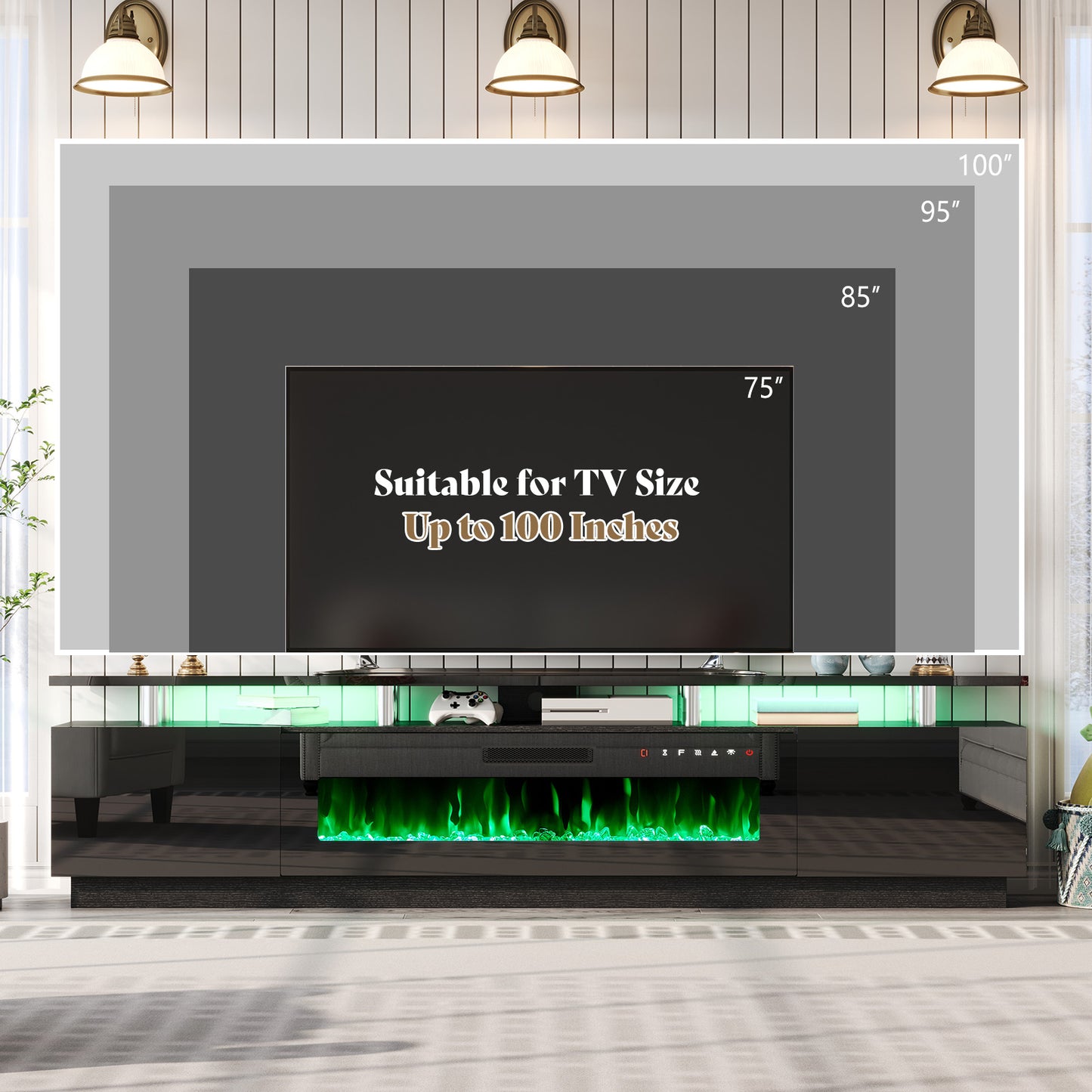Sheer 90" Fireplace TV Stand Amerlife Black & Black