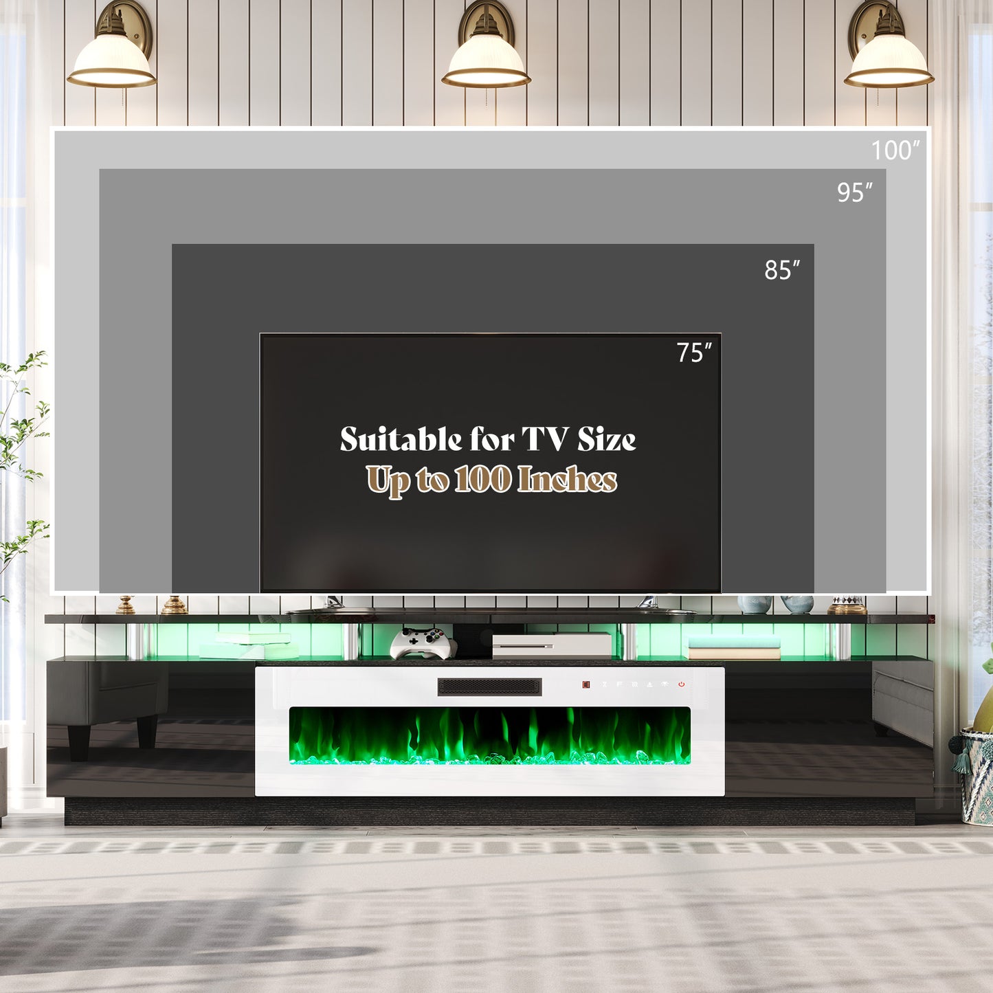 Sheer 90" Fireplace TV Stand Amerlife Black & White