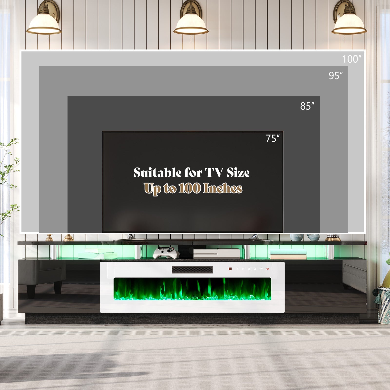 Sheer 90" Fireplace TV Stand Amerlife Black & White
