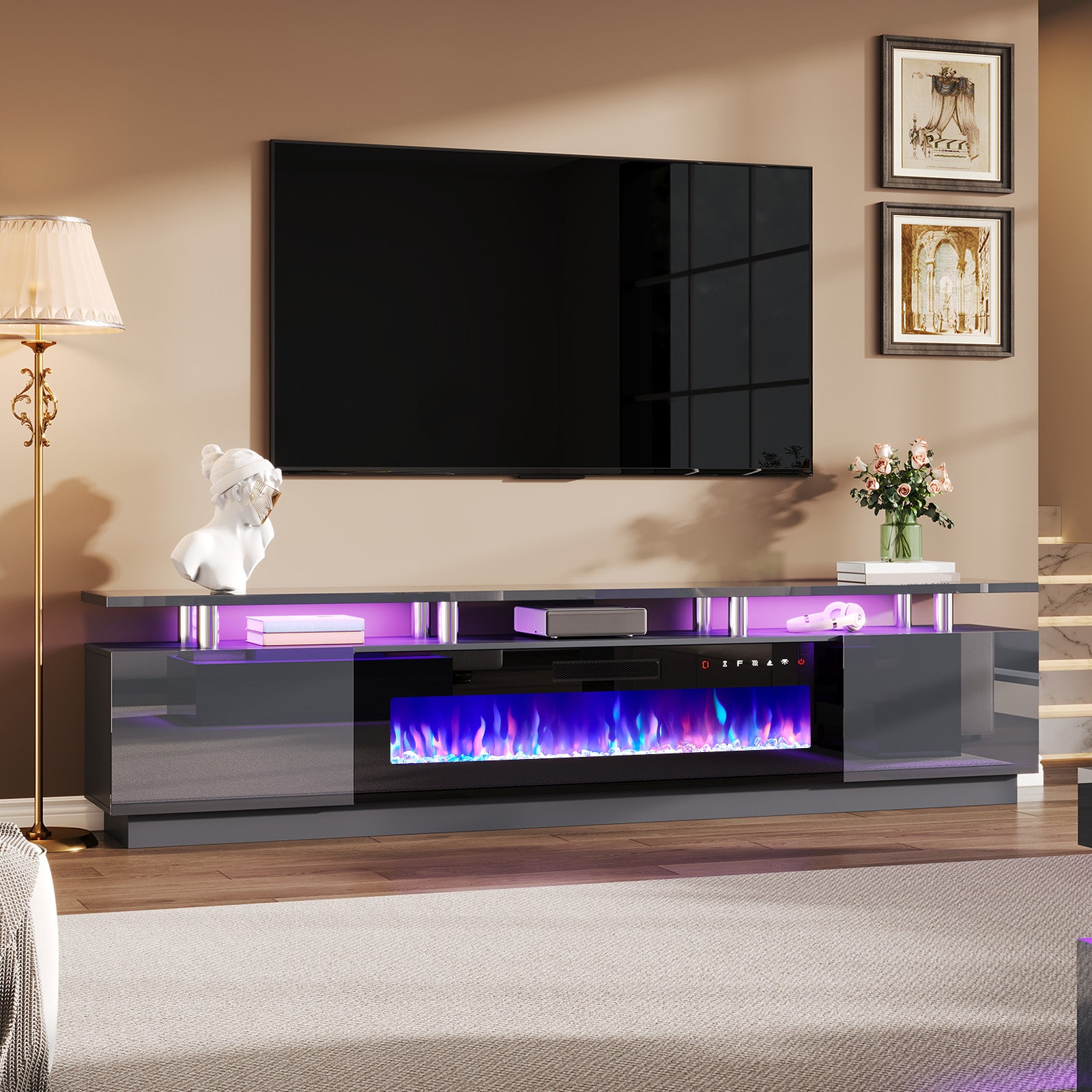 Sheer 90" Fireplace TV Stand Amerlife Grey & Black