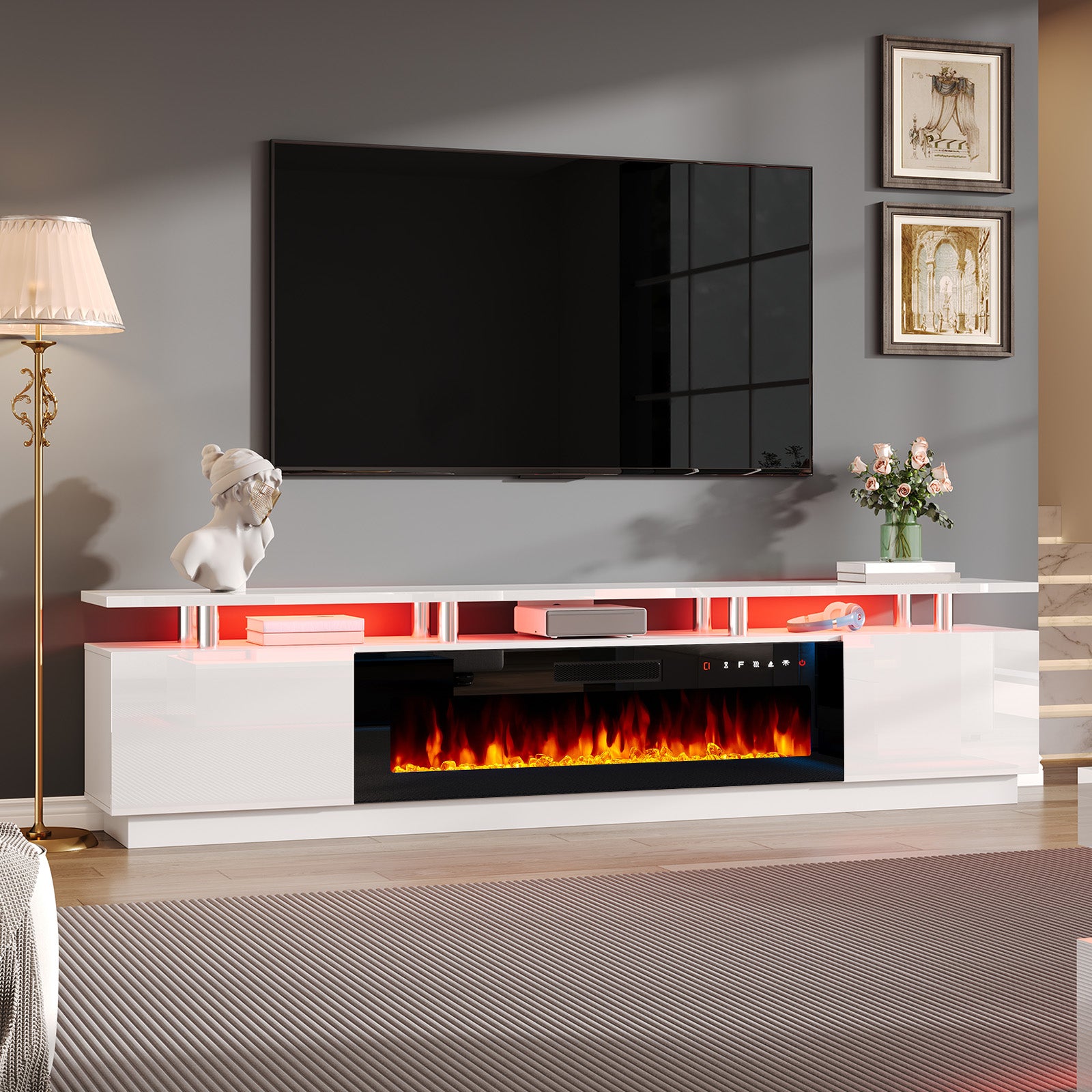 Sheer 90" Fireplace TV Stand Amerlife White & Black
