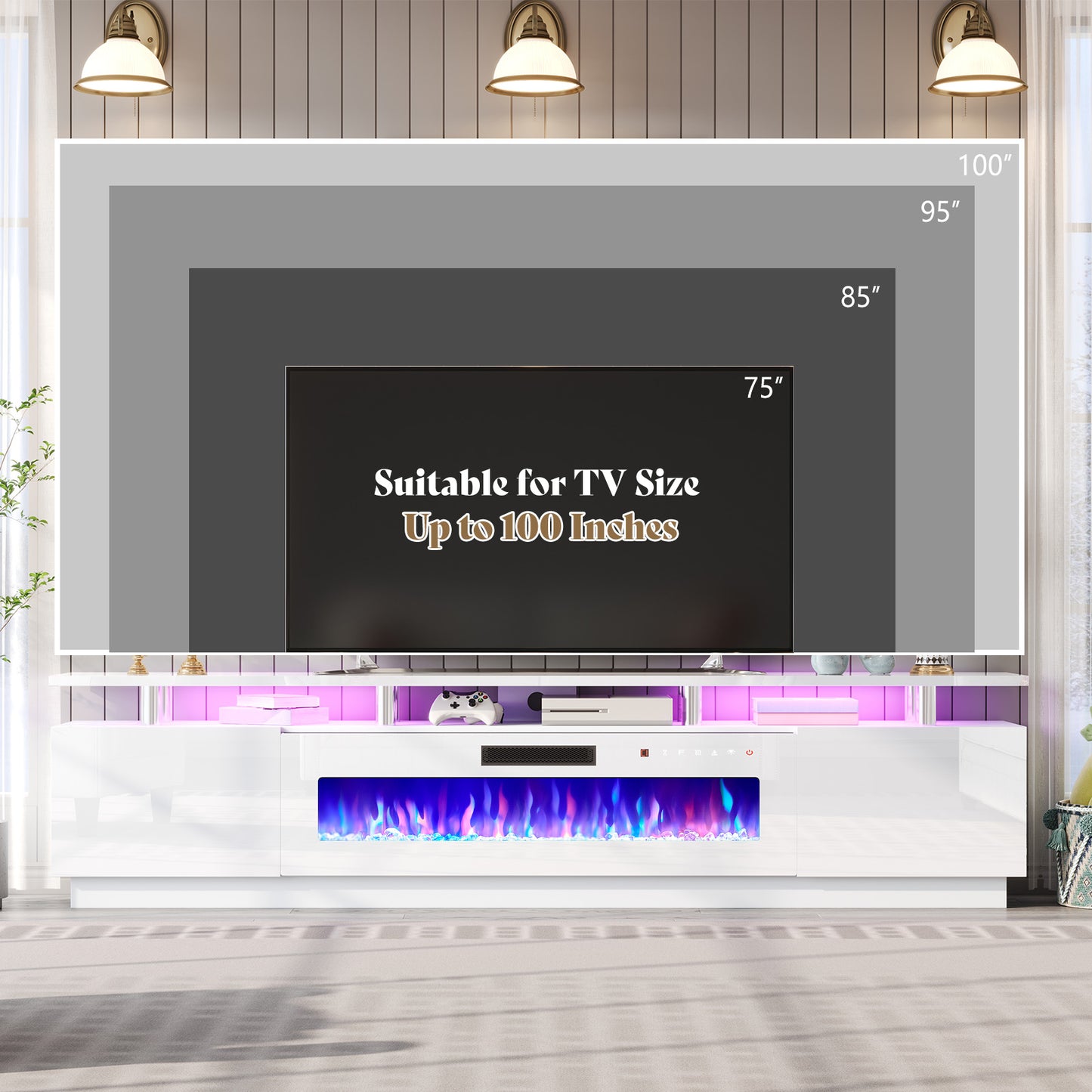 Sheer 90" Fireplace TV Stand Amerlife White & White