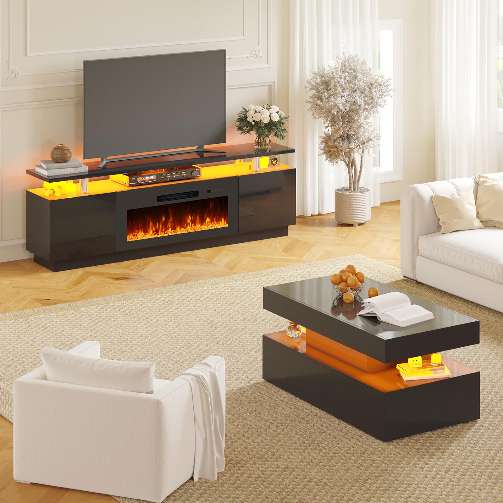 Sheer Modern 3-Piece Fireplace Table Set Black 70 "