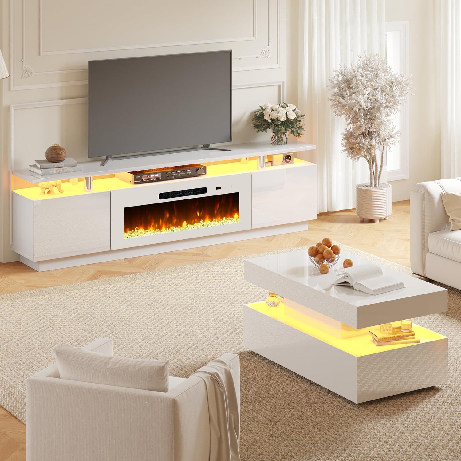 Sheer Modern 3-Piece Fireplace Table Set White 80 "
