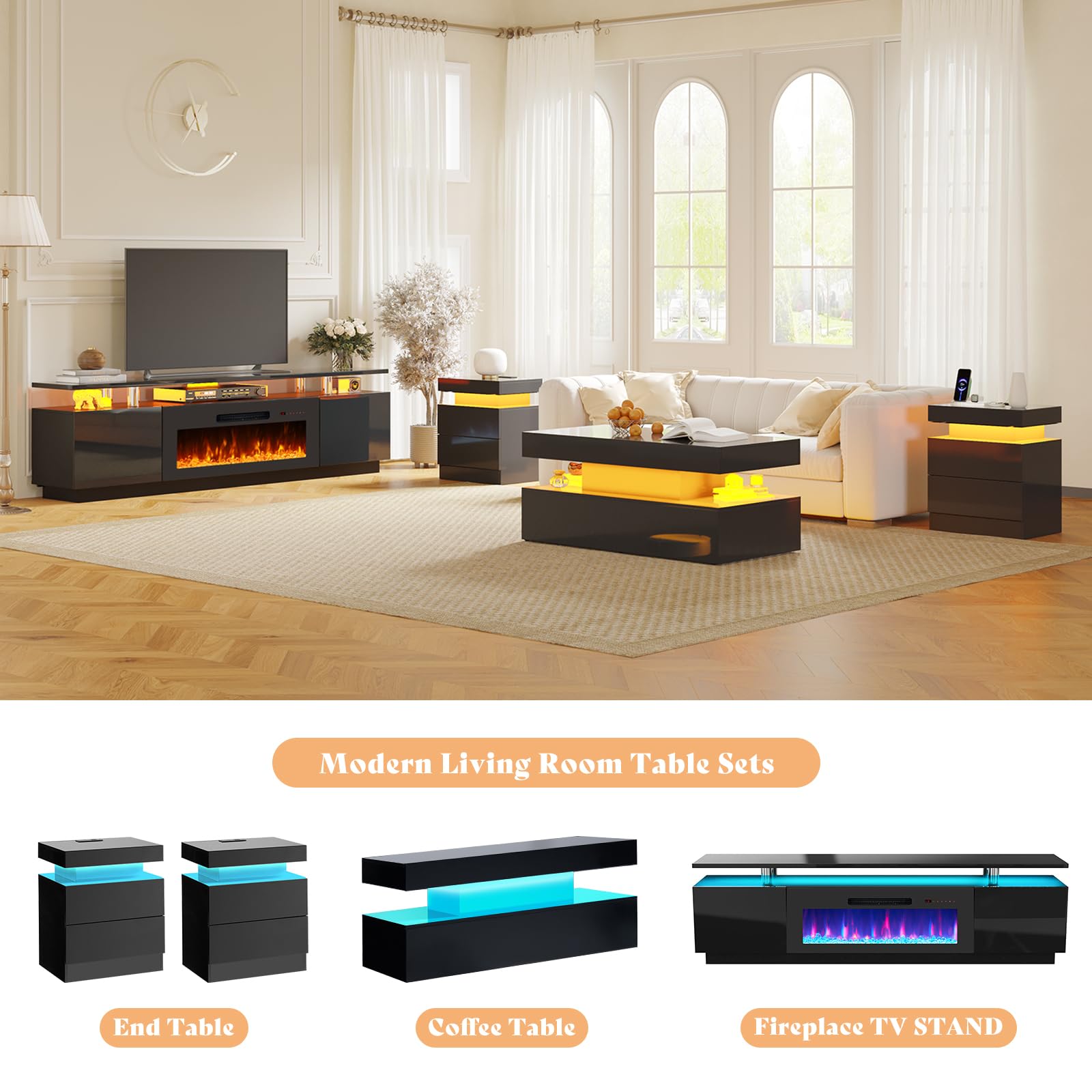 Sheer Modern 5-Piece Living Room Table Set Black