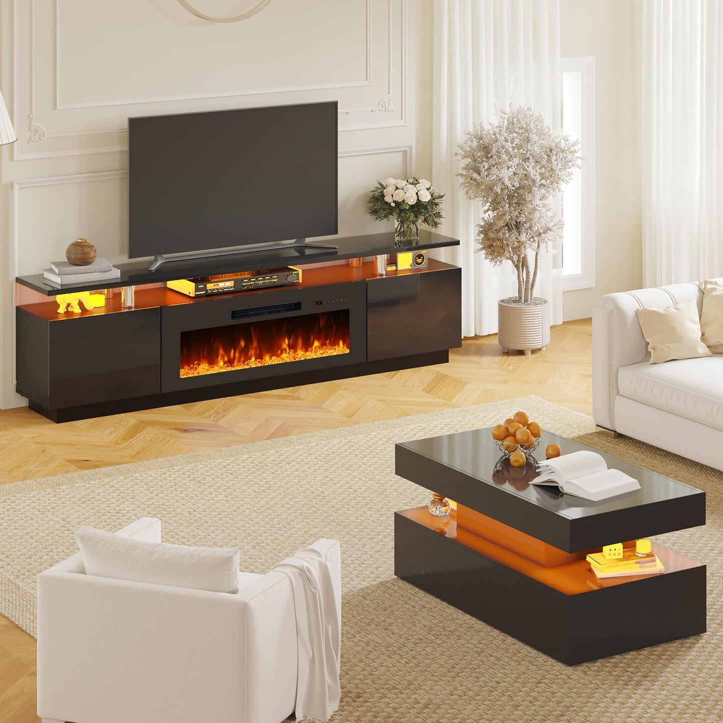 Sheer Modern 3-Piece Fireplace Table Set Black 80 "