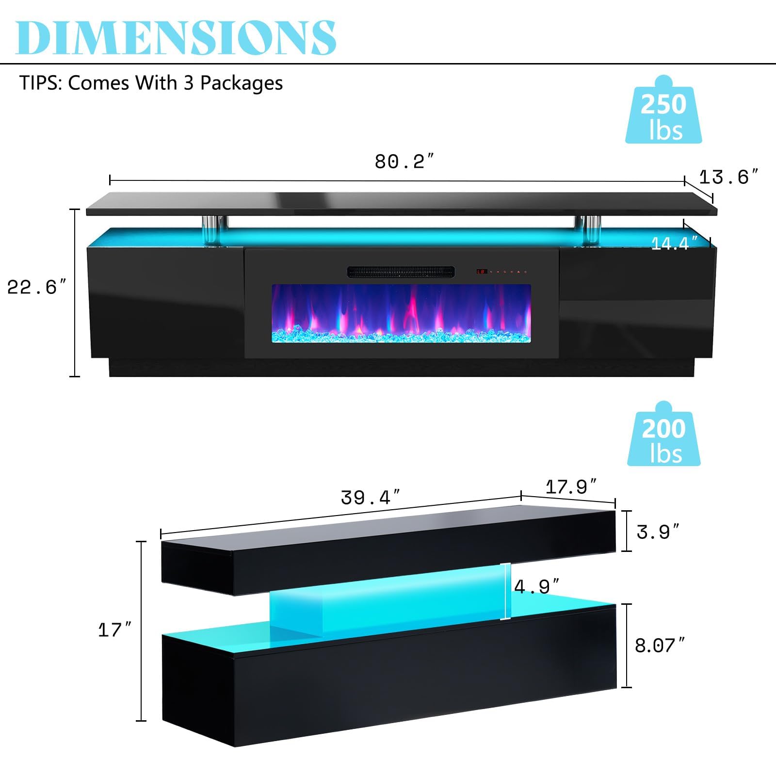 Sheer Modern 3-Piece Fireplace Table Set Black 80 "