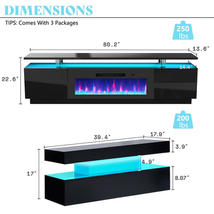 Sheer Modern 3-Piece Fireplace Table Set Black 80 "