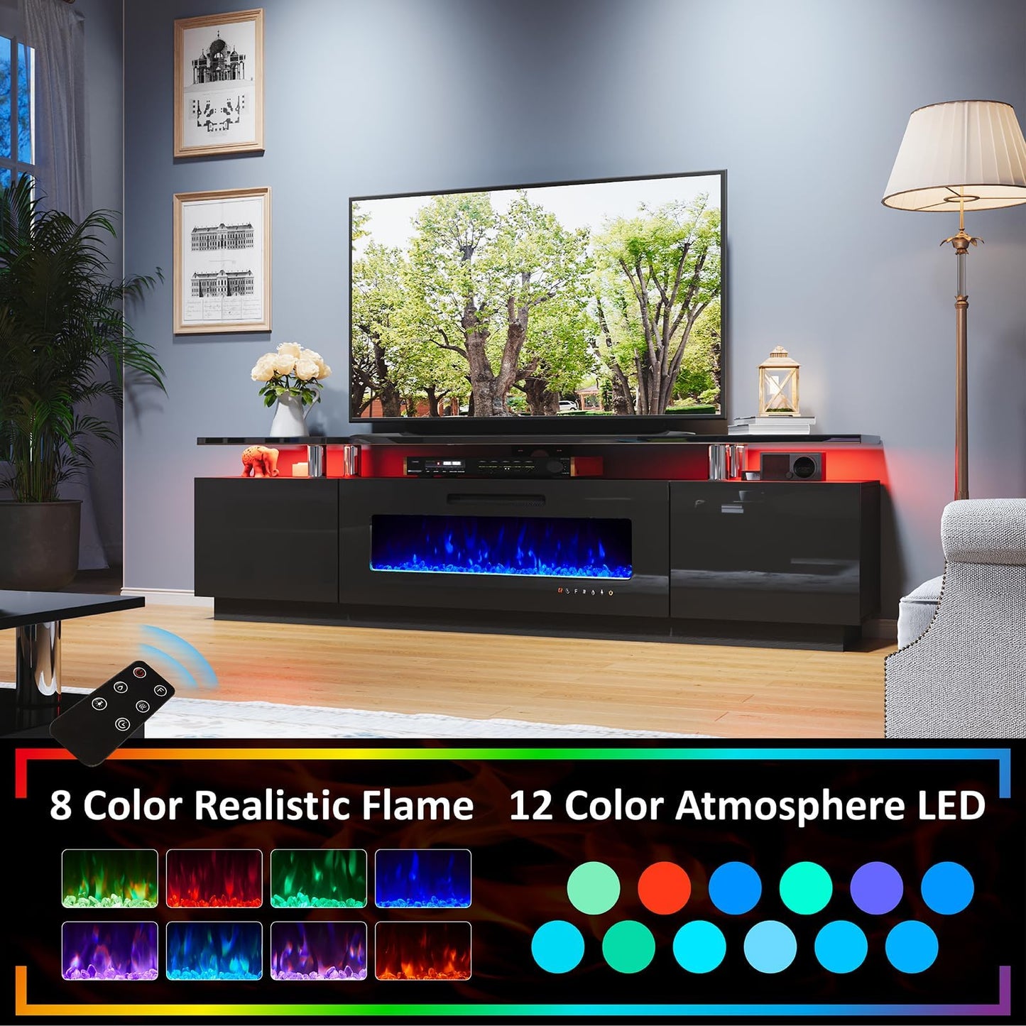 Sheer Modern 3-Piece Fireplace Table Set Black 80 "