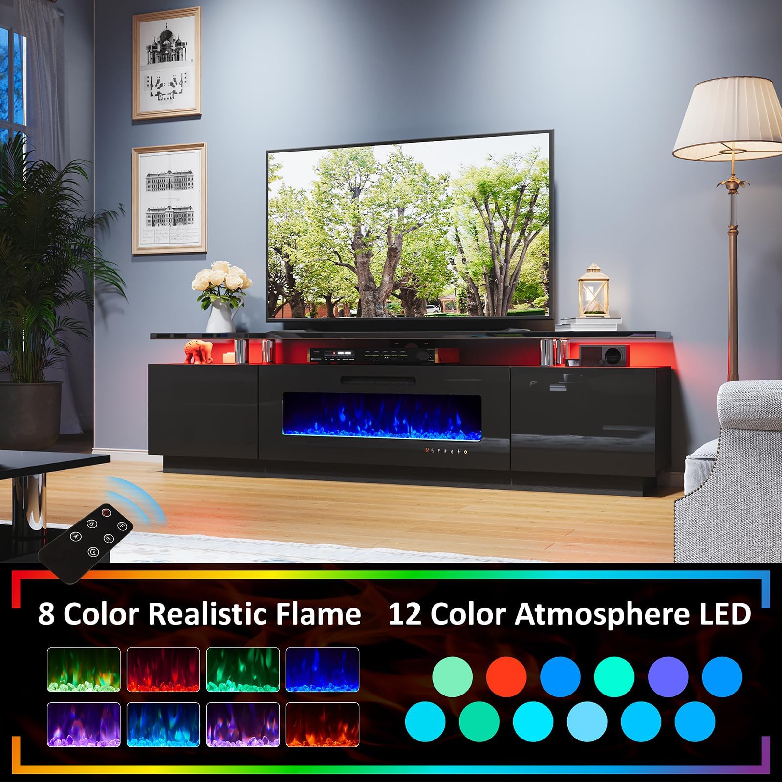 Sheer Modern 3-Piece Fireplace Table Set Black 80 "