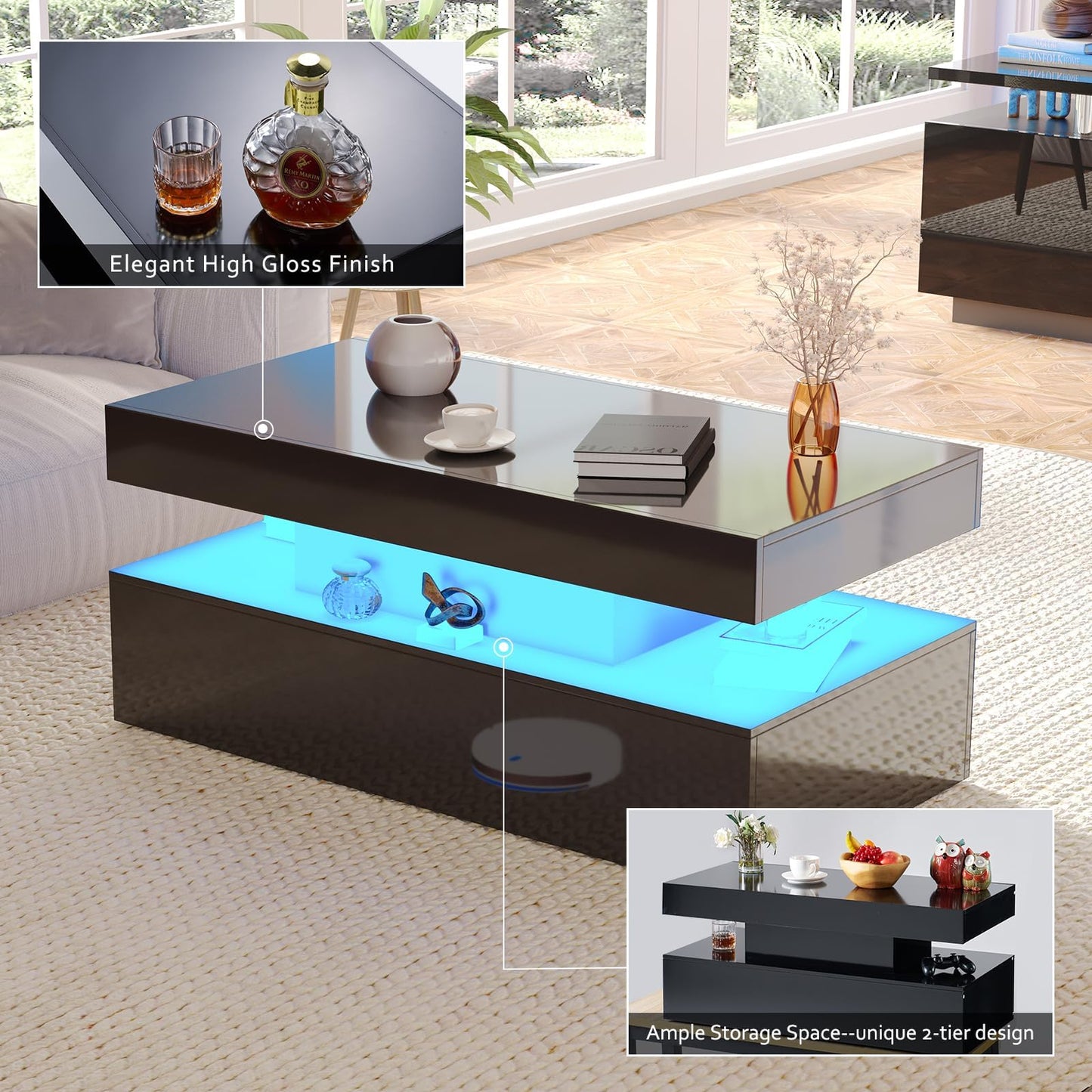 Sheer Modern 3-Piece Fireplace Table Set Black 80 "