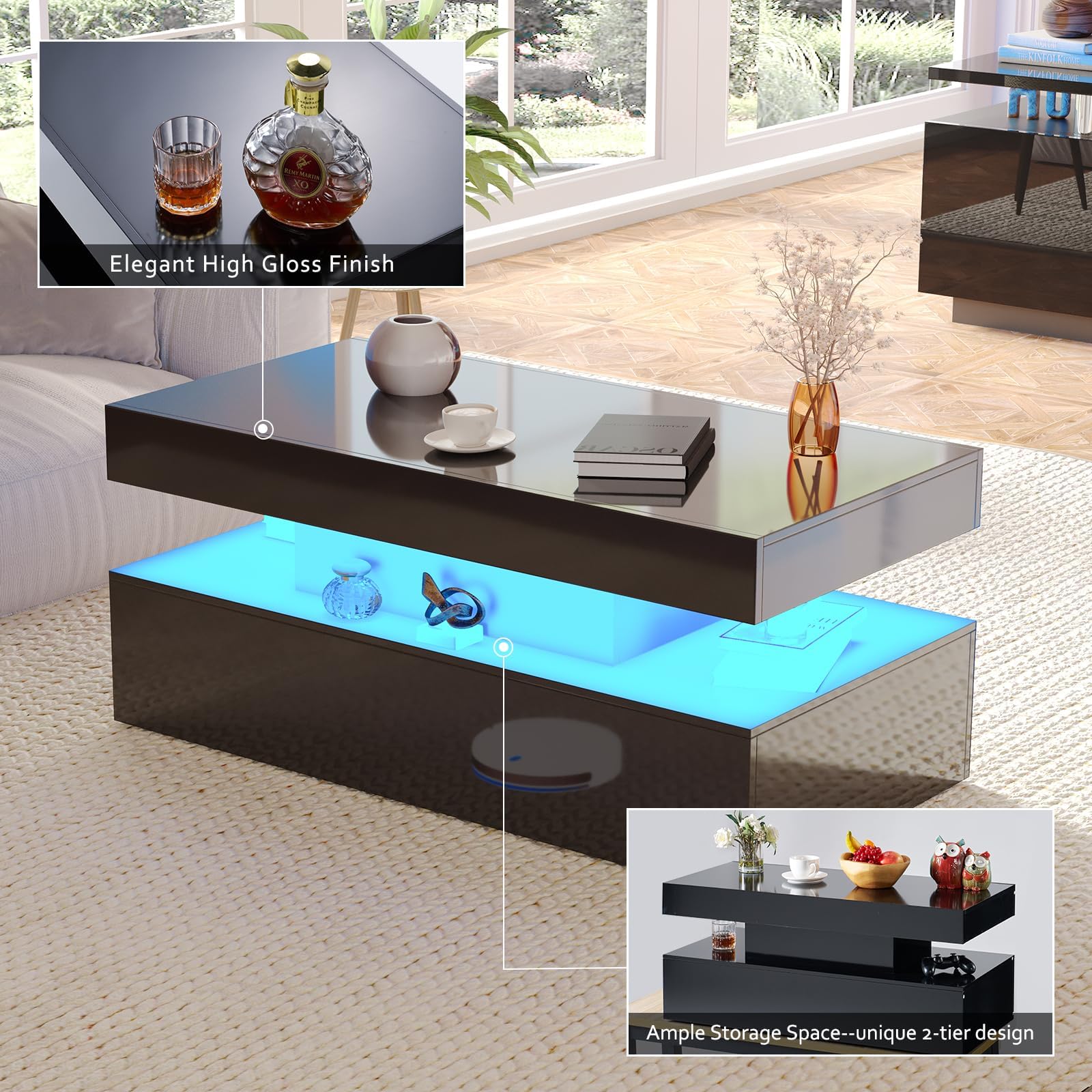 Sheer Modern 3-Piece Fireplace Table Set Black 80 "