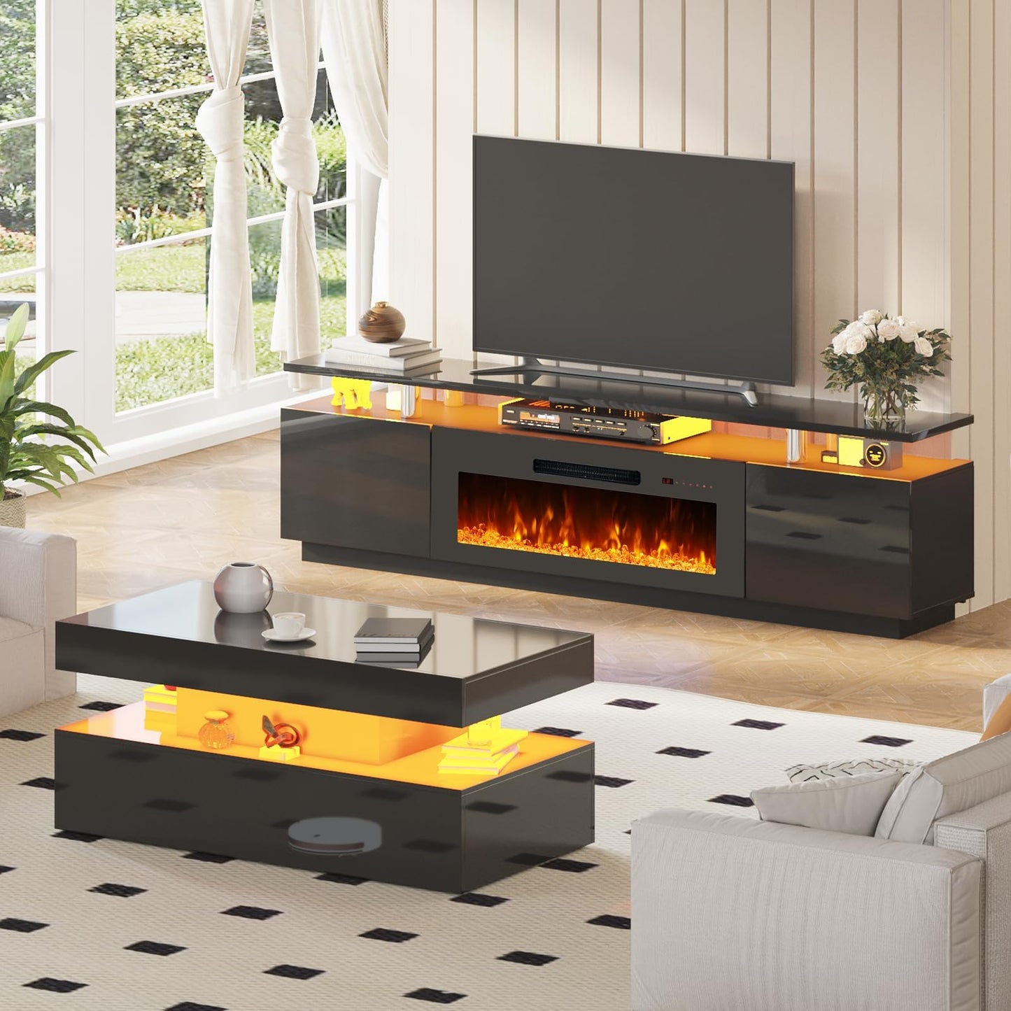 Sheer Modern 3-Piece Fireplace Table Set Black 80 "