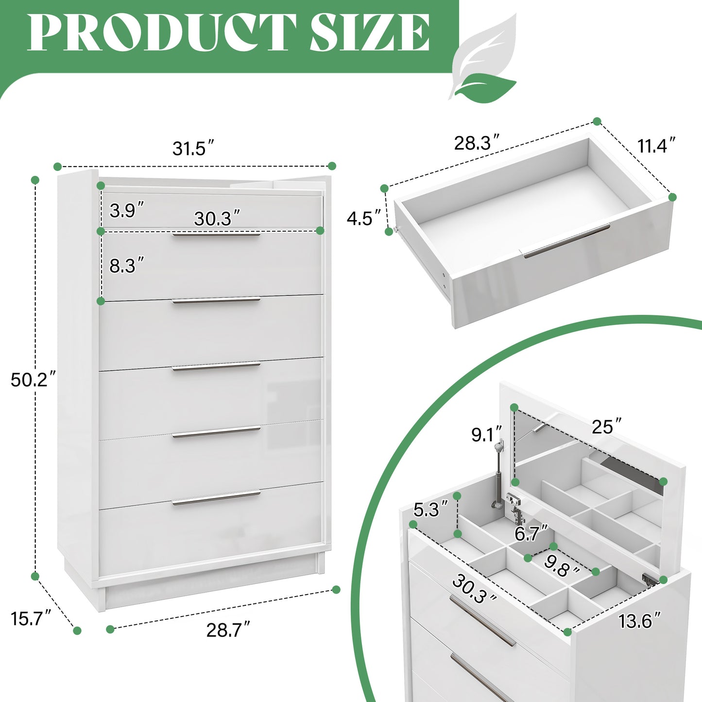 Kino 5-Drawers Dresser Amerlife White