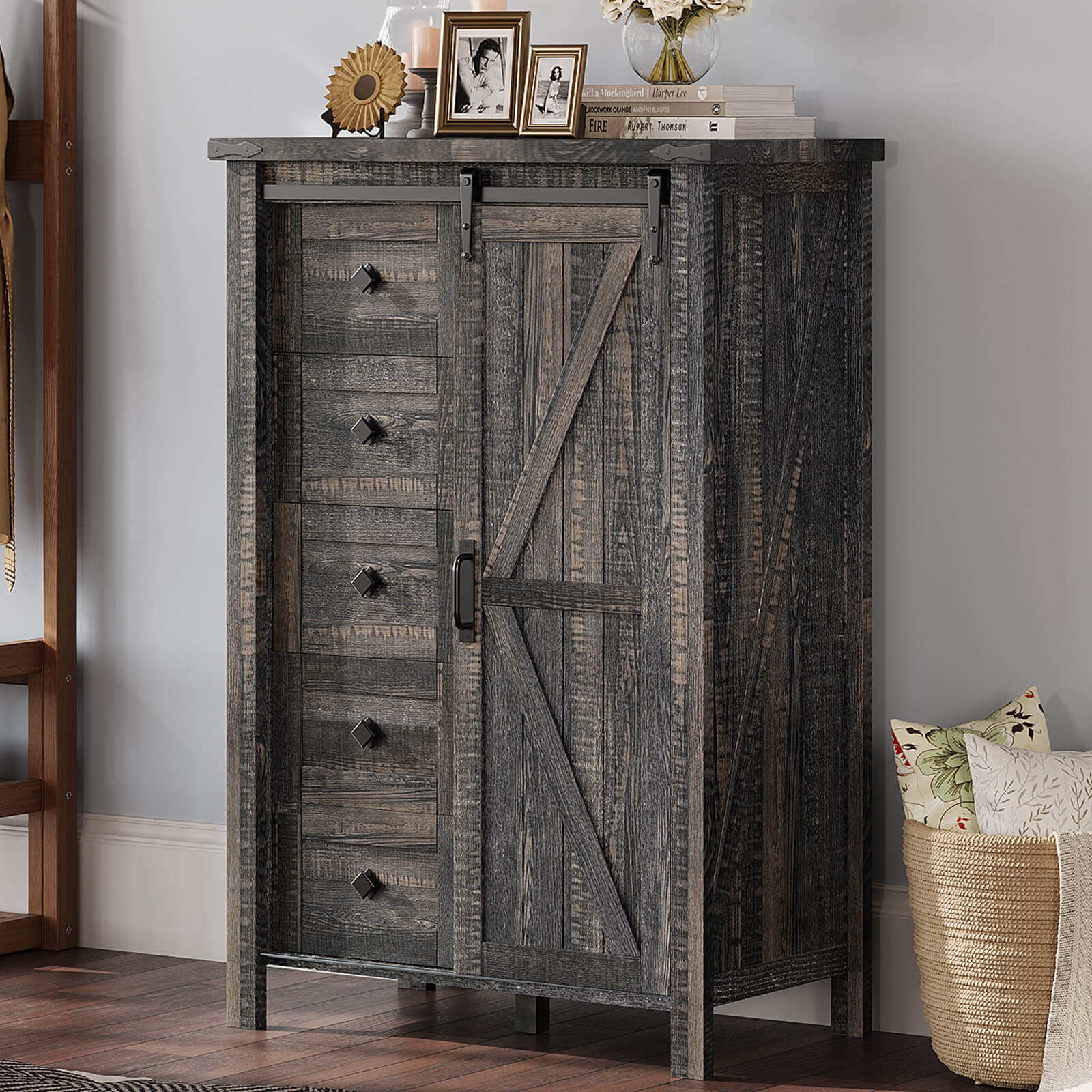 31.5'' Farmhouse 5 Drawer Dresser with Sliding Barn Doors, 48