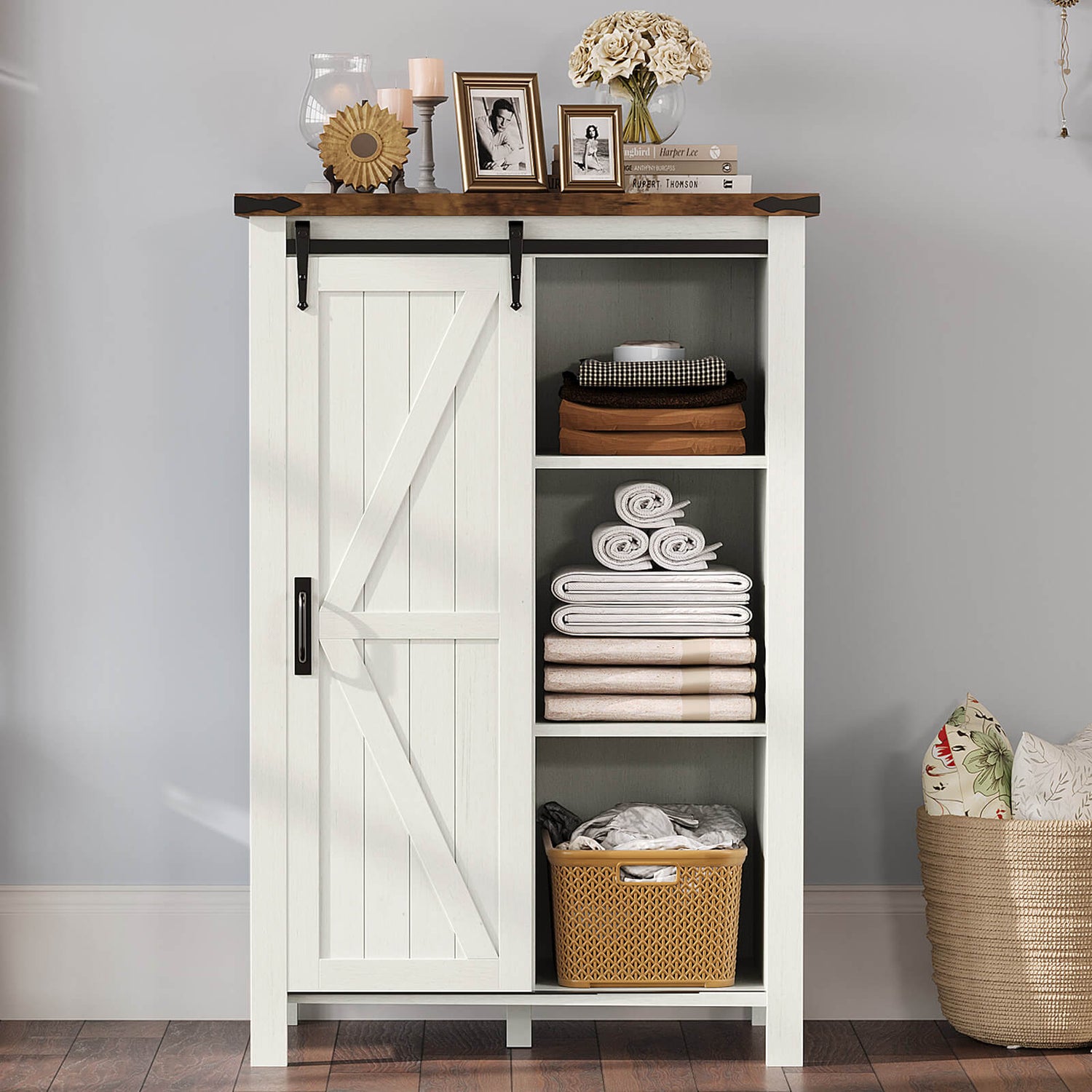 31.5'' Farmhouse 5 Drawer Dresser with Sliding Barn Doors, 48" Rustic Tall Dresser, Dresser Storage Organizer for Bedroom, Entryway Rustic Grey 31.5'' Farmhouse 5 Drawer Dresser with Sliding Barn Doors, 48" Rustic Tall Dresser, Dresser Storage Organizer for Bedroom, Entryway Rustic Grey