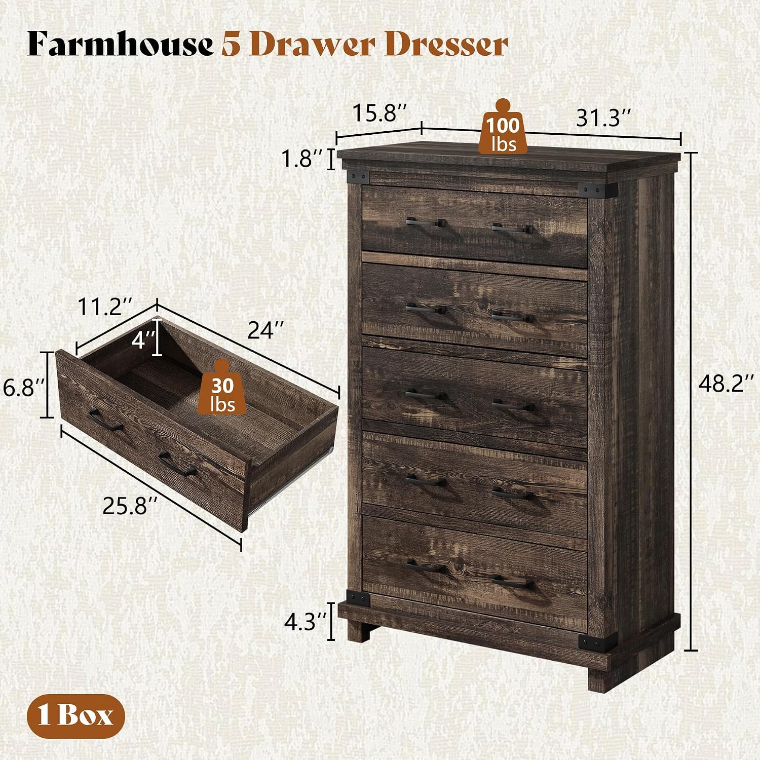 Quin 5-Drawers Dresser Black Oak