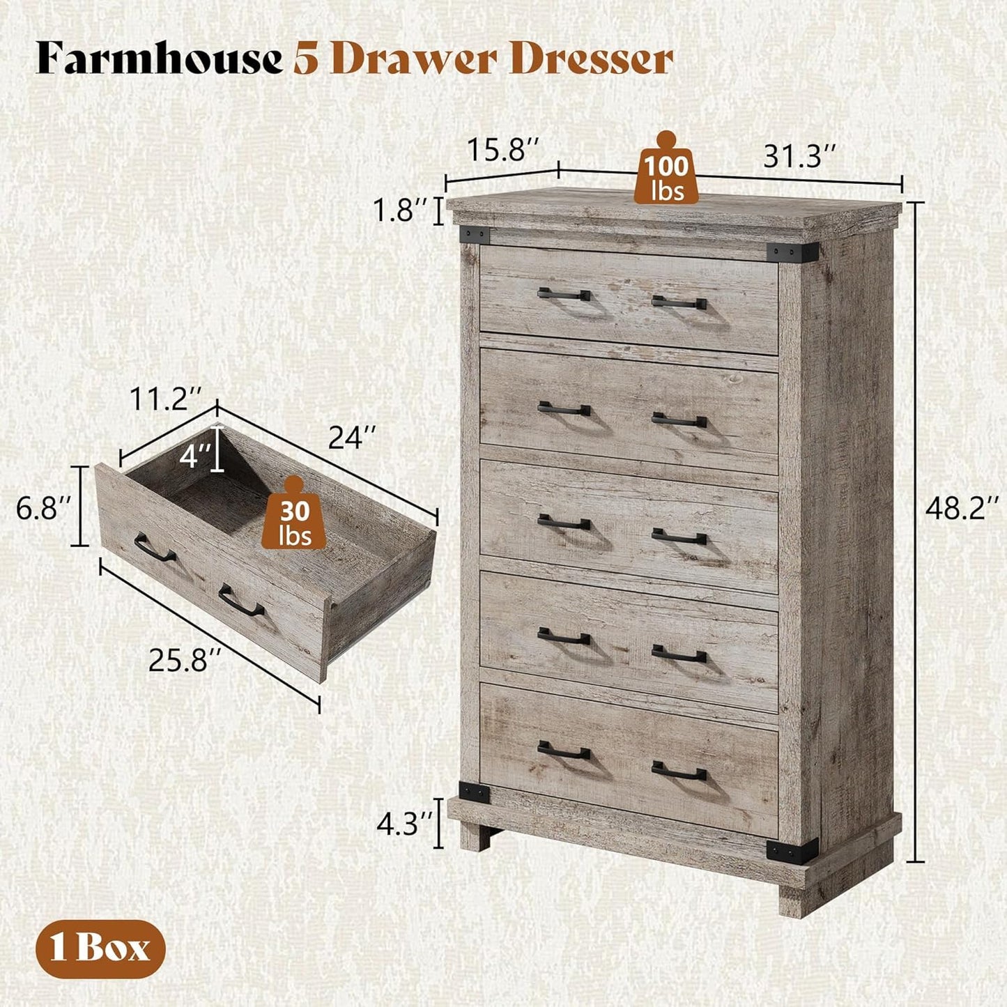 Quin 5-Drawers Dresser Light Grey