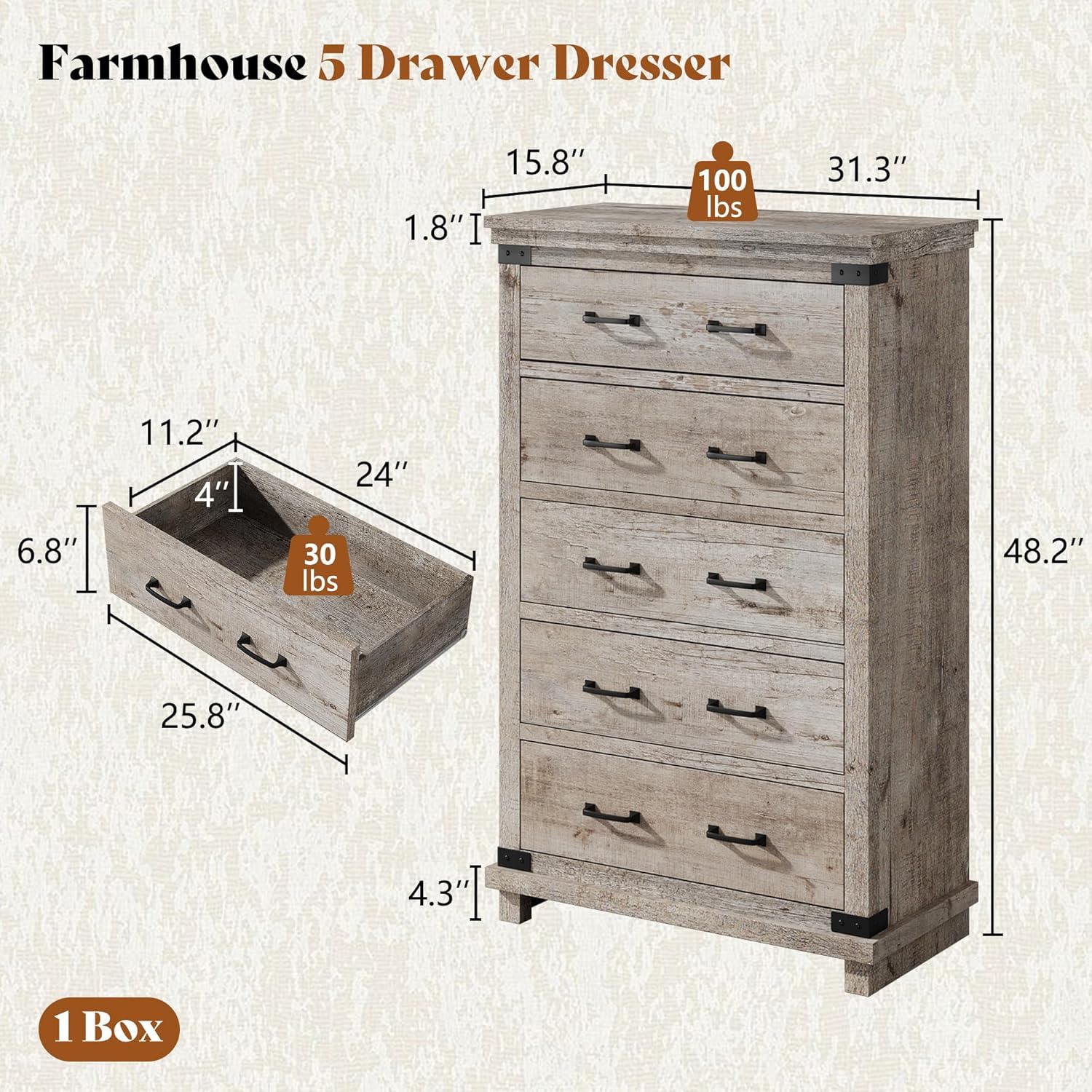 Quin 5-Drawers Dresser Light Grey