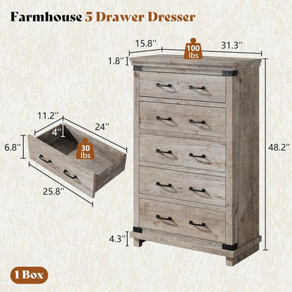 Quin 5-Drawers Dresser Light Grey